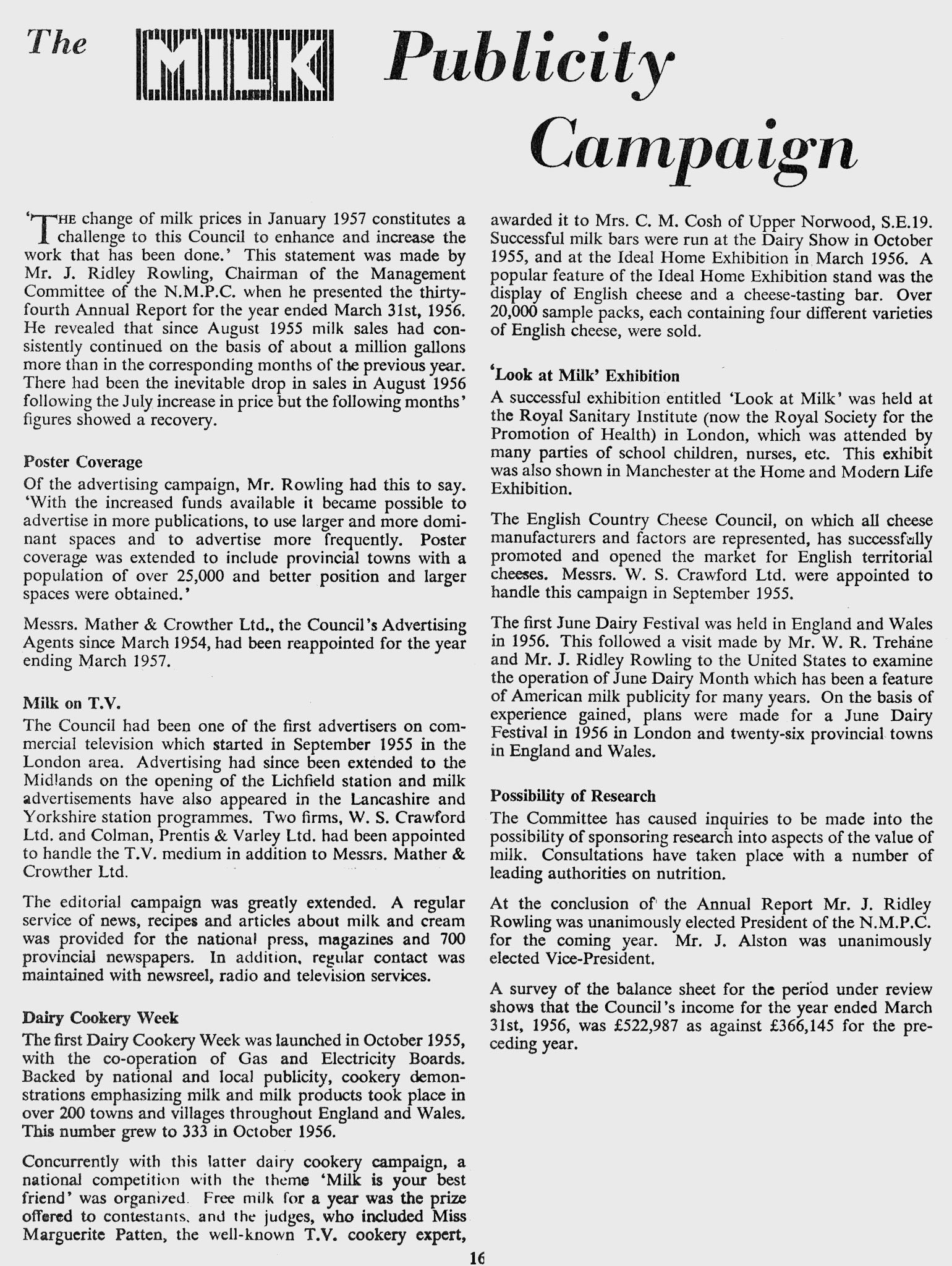 1957 Milk Producer Magazine Excerpts-Mr J. Ridley Rowling, later advisor to Express, was chair of the National Milk Publicity Council. (January, EDT Collection)