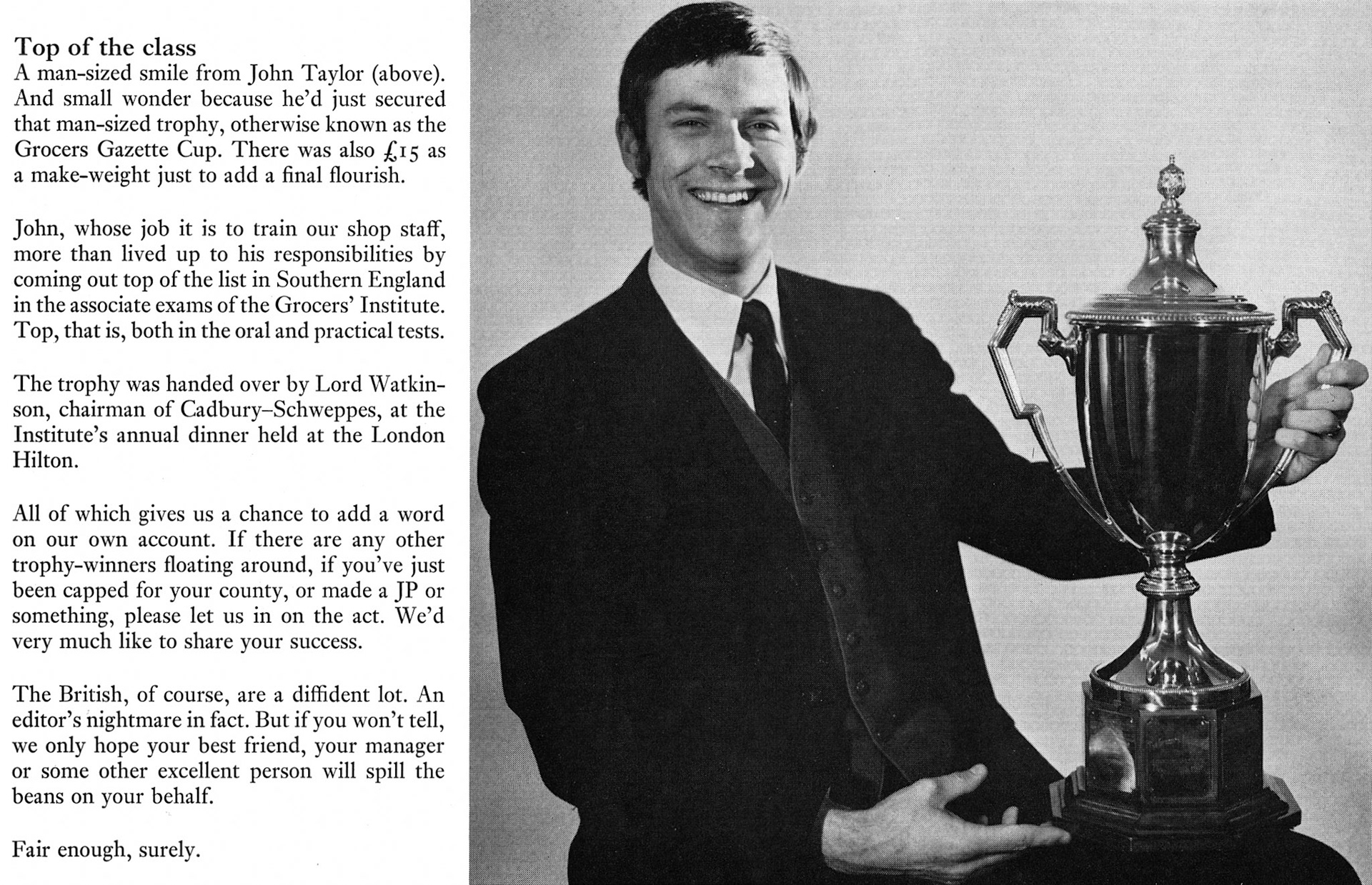 1972 London Shops trainer John Taylor receives a Grocer's Award. (Express News Spring)