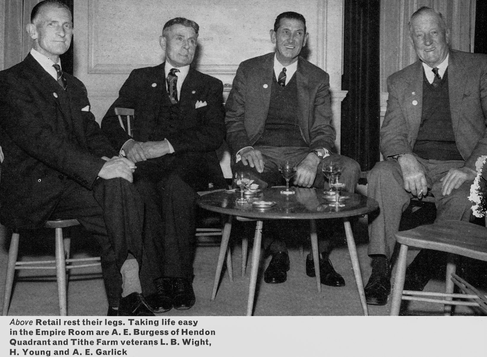 1967 London Retail veterans A.E. Burgess (Hendon Quadrant) and  L.B. Wright, H. Young and A.E. Garlick (Tithe Farm) attend the Long Service Dinner. (Express News Summer)