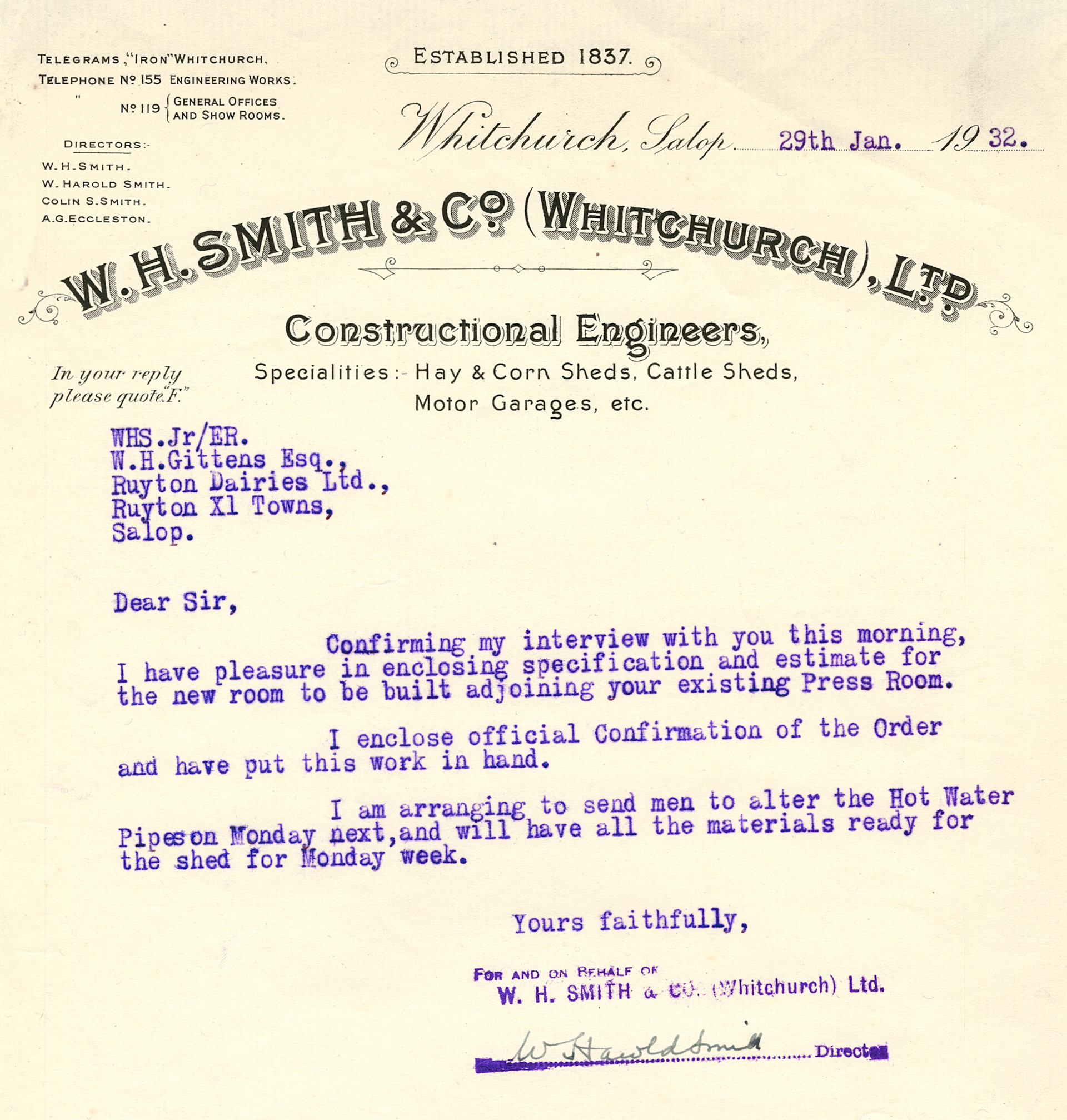 1932 Ruyton Co-operative Dairies-works carried out by W.H. Smith & Co. (Whitchurch) Ltd-Order Confirmation for shed adjacent to Press Room.