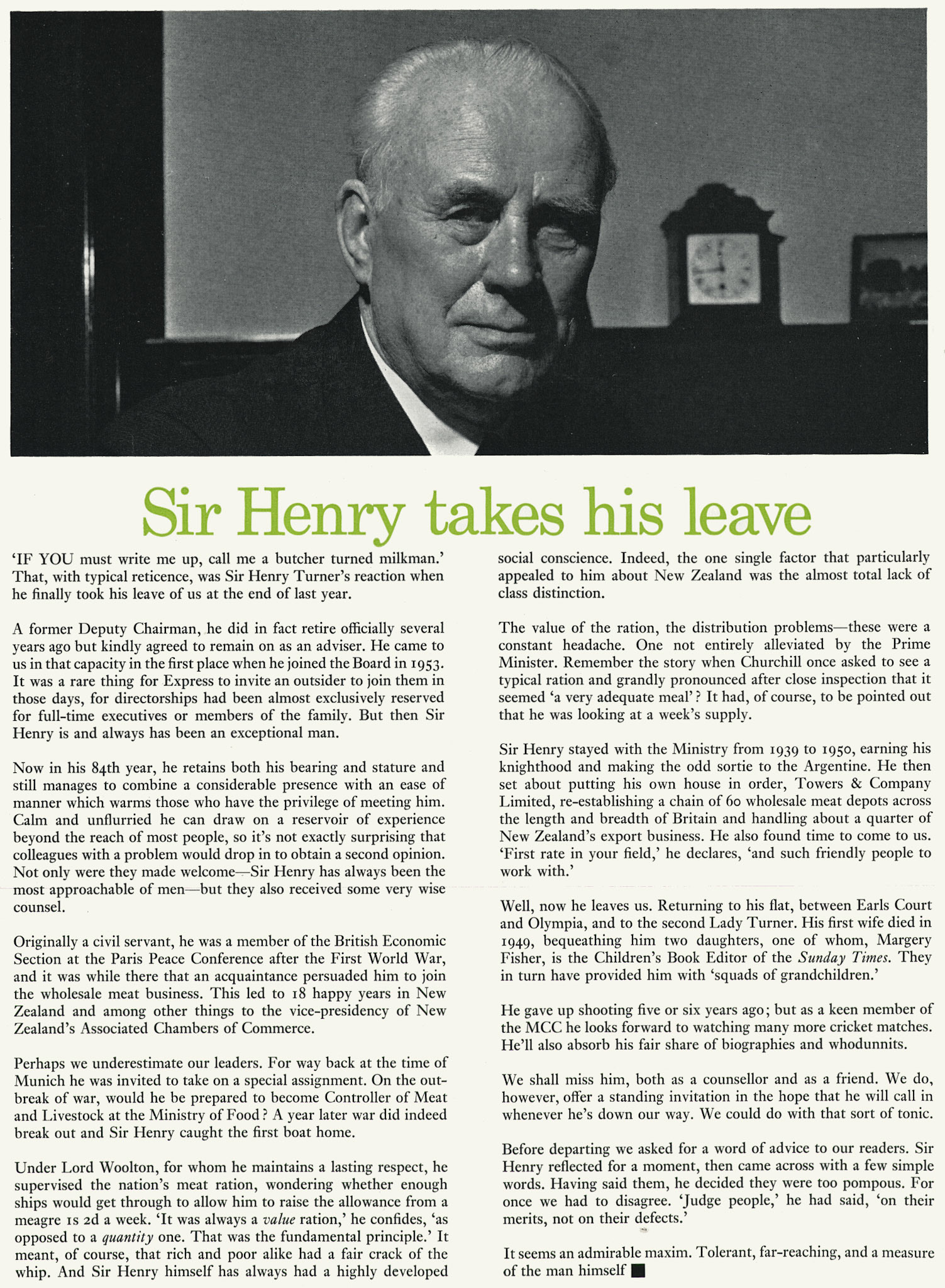 1971 Former Express Deputy Chairman Sir Henry Turner finally retires aged 84. (Express News Spring)