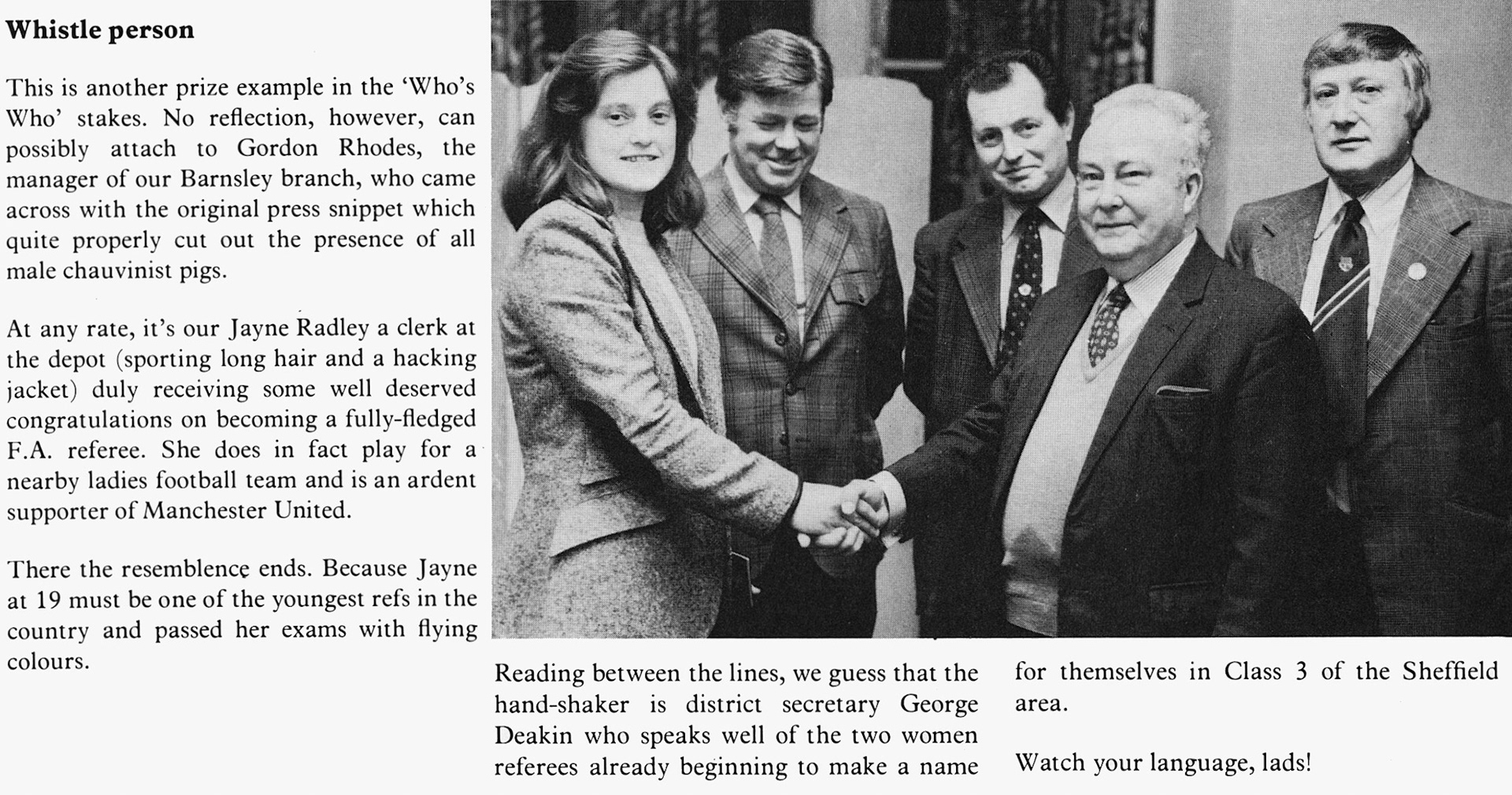 1978 Bradford clerk Jayne Radley qualifies as F.A. Referee.  (Express News Summer)