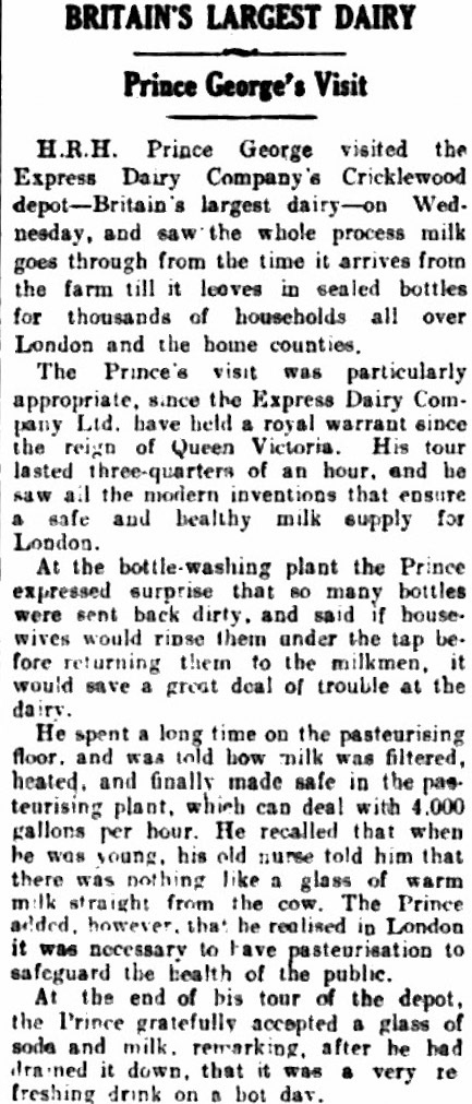 1933 HRH Prince George visited Cricklewood, reported in the Middlesex County Times, 10 June. (Courtesy of THE BRITISH LIBRARY BOARD)