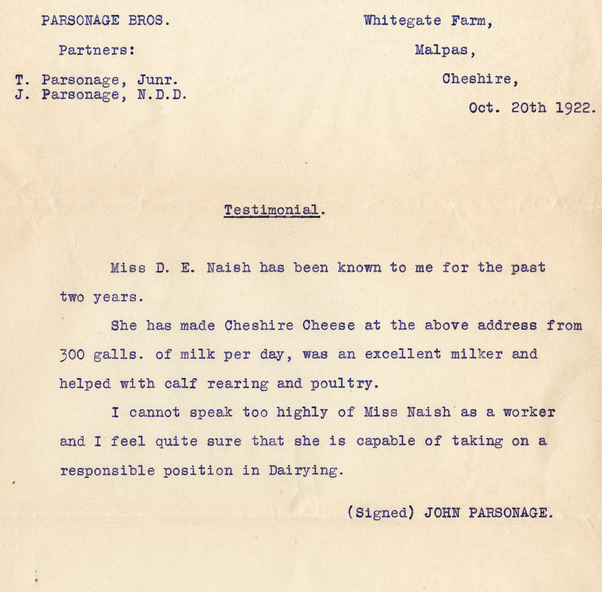 1930 Ruyton Co-operative Dairies-Cheesemaker Job Applications-Miss D. Naish