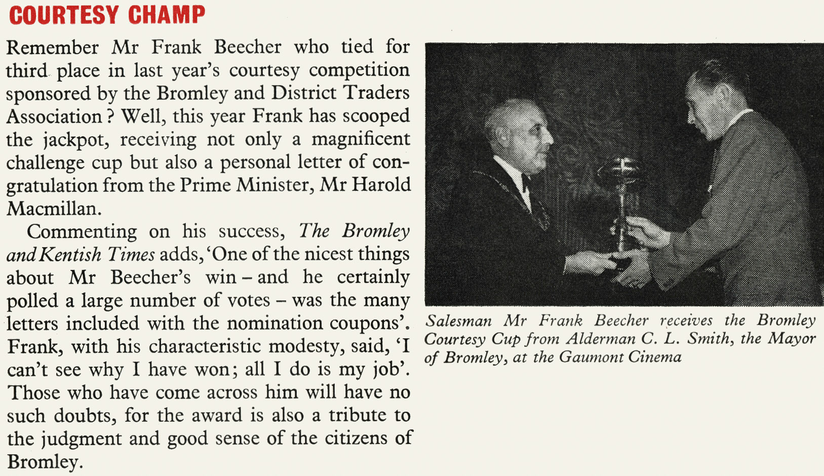 1957 Frank Beecher from Bromley Depot is awarded the Bromley Courtesy Cup by Alderman C.L. Smith. (Express News March)