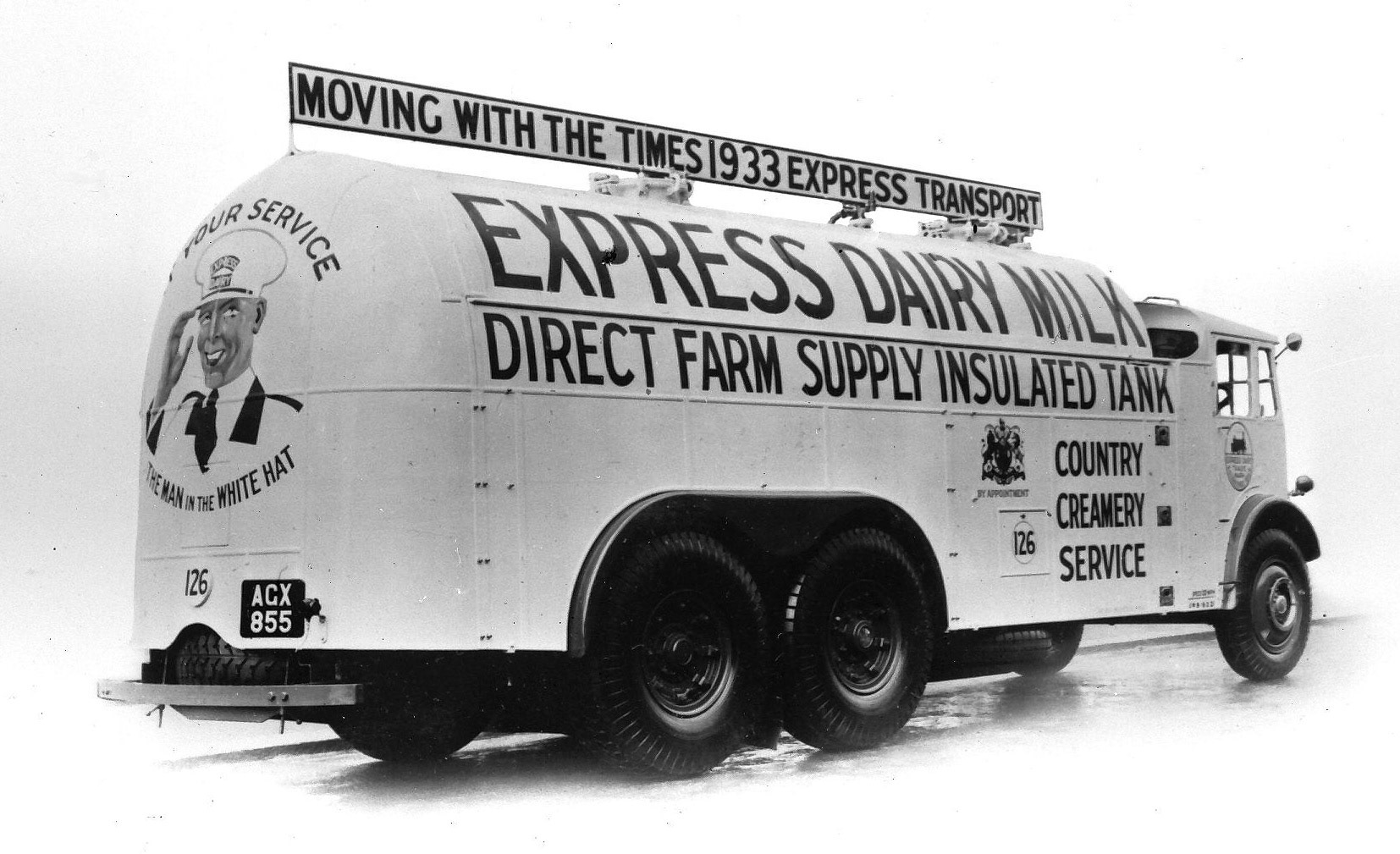 1933 Direct Farm Supply Tank AGX 855, Fleet: 126. Allan Bedford comments "This magnificent, AEC Mammoth Major, chassis no 668173, was new in March 1933, as fleet no 126, AGX 855. The tank was built by Hopkins and the streamlined cab by Butterfields, at a total cost of £2,579. The valancing on the tank added approximately 3cwt to the total ULW of 7.2.5. Whether this remained intact during its 13-year service life is doubtful. The vehicle appears to have retained its petrol engine to the end and, on its last thorough overhaul in June 1943, a total of £825 was spent. Passing to T&amp;F Motors in July 1946, it realised £600." (Courtesy Phillip Budd)