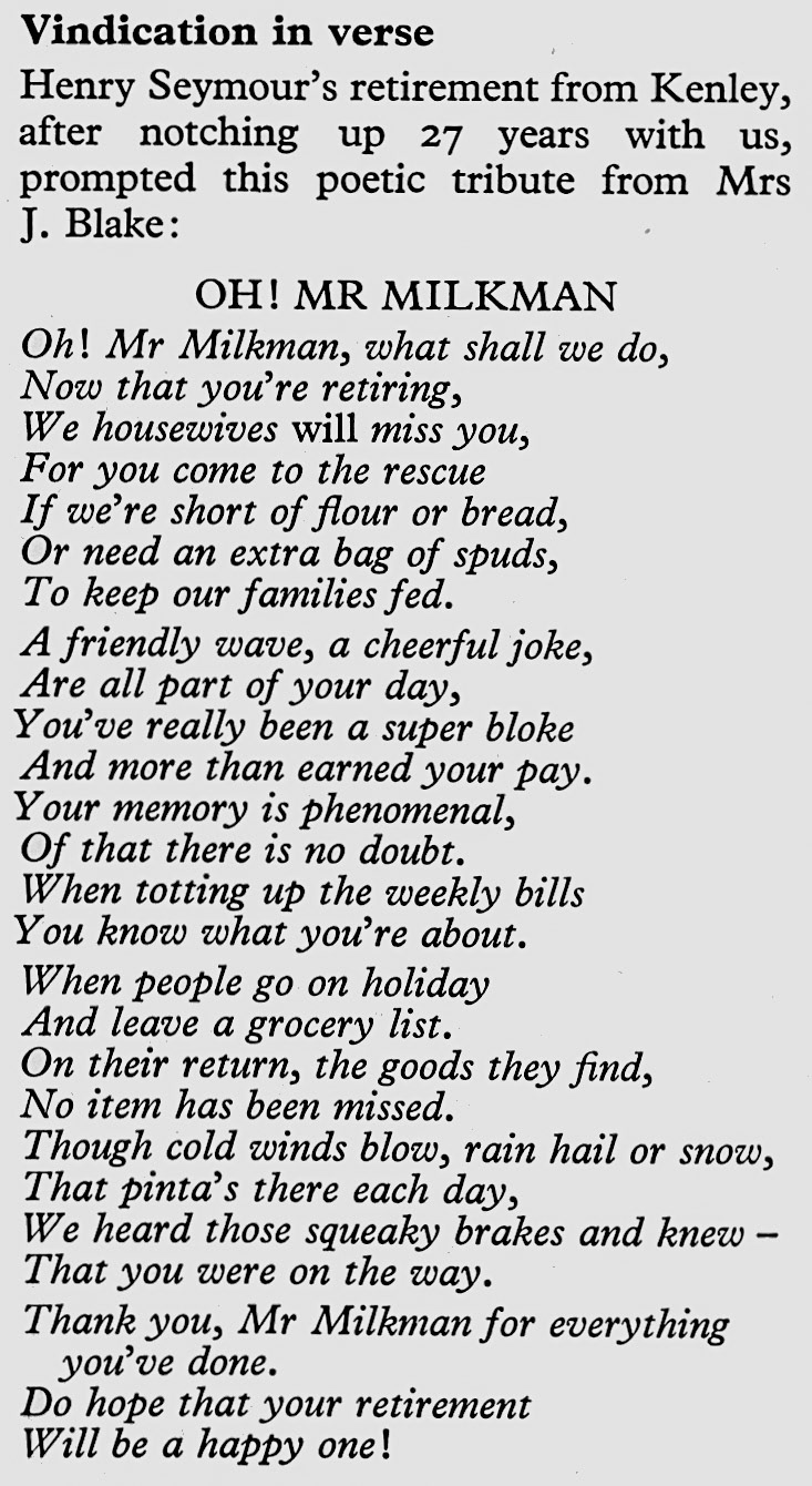 1976 Kenley milkman Henry Seymour retires after 27 years, with a poem from customer Mrs J Blake. (Express News Autumn)