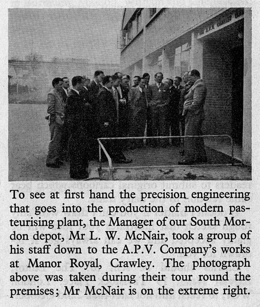 1956 L.W. McNair, then Manager of South Morden Processing, on a tour of the APV company works in Crawley, Sussex