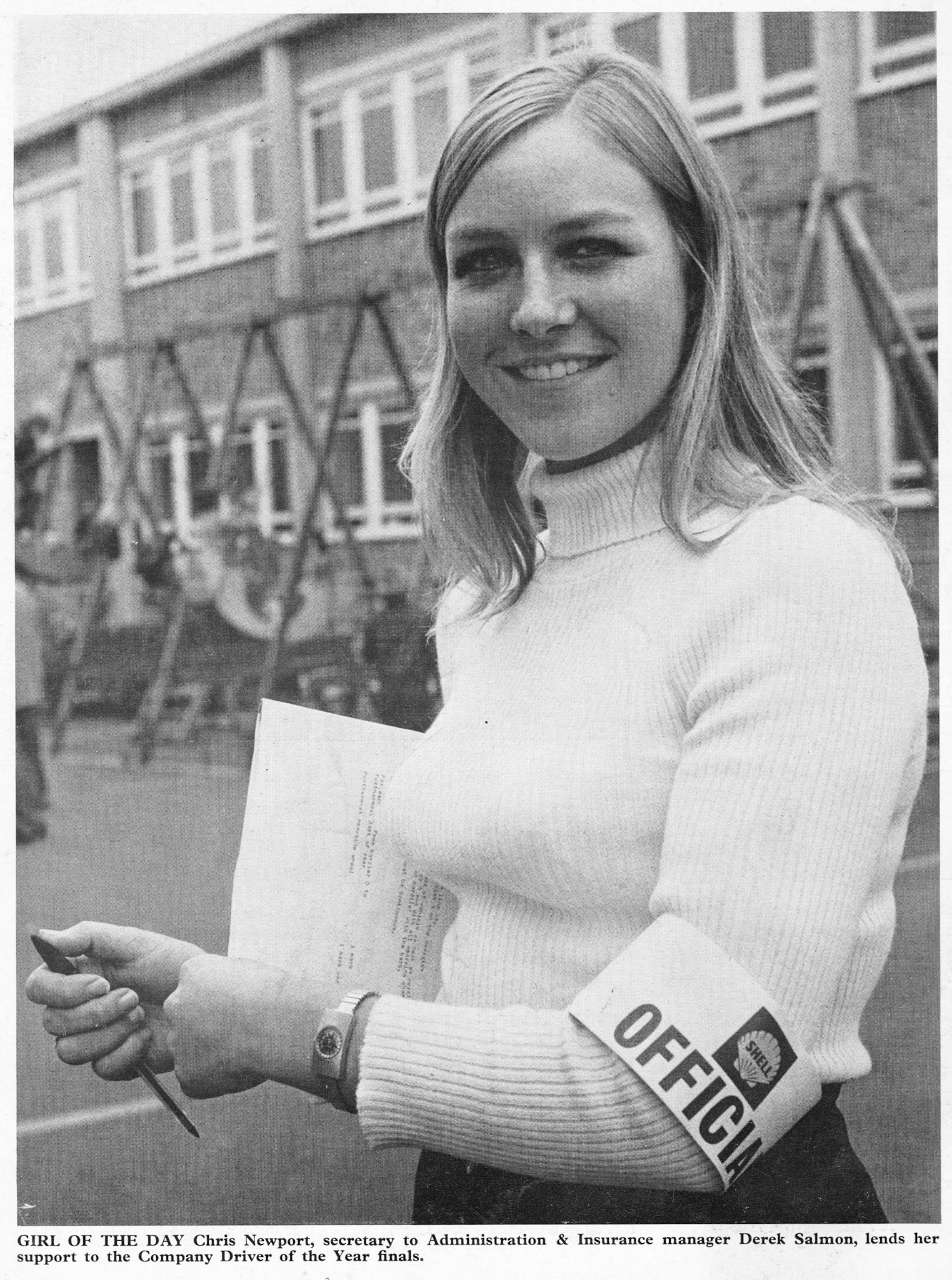 1974 South Ruislip Chris Newport, secretary to Derek Salmon, lends her support to the Driver of the Year finals.