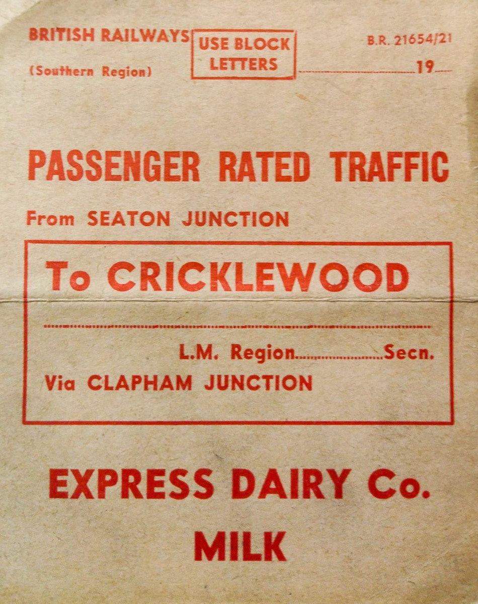 1960's ? Typical card that was clipped to each rail tanker. This one for a consignment from Seaton Junction to Cricklewood, via Clapham Junction. (Courtesy Leslie Croxford)