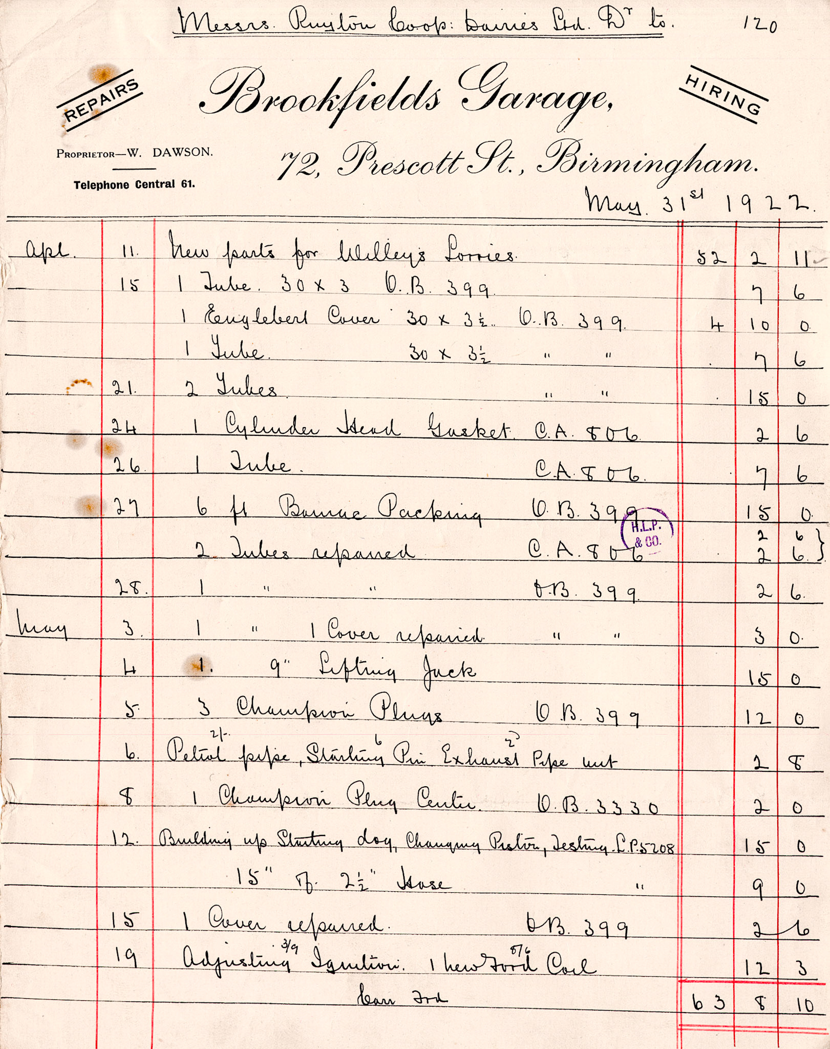 1922 Invoices for vehicle servicing and repair from Brookfields Garage, Birmingham.