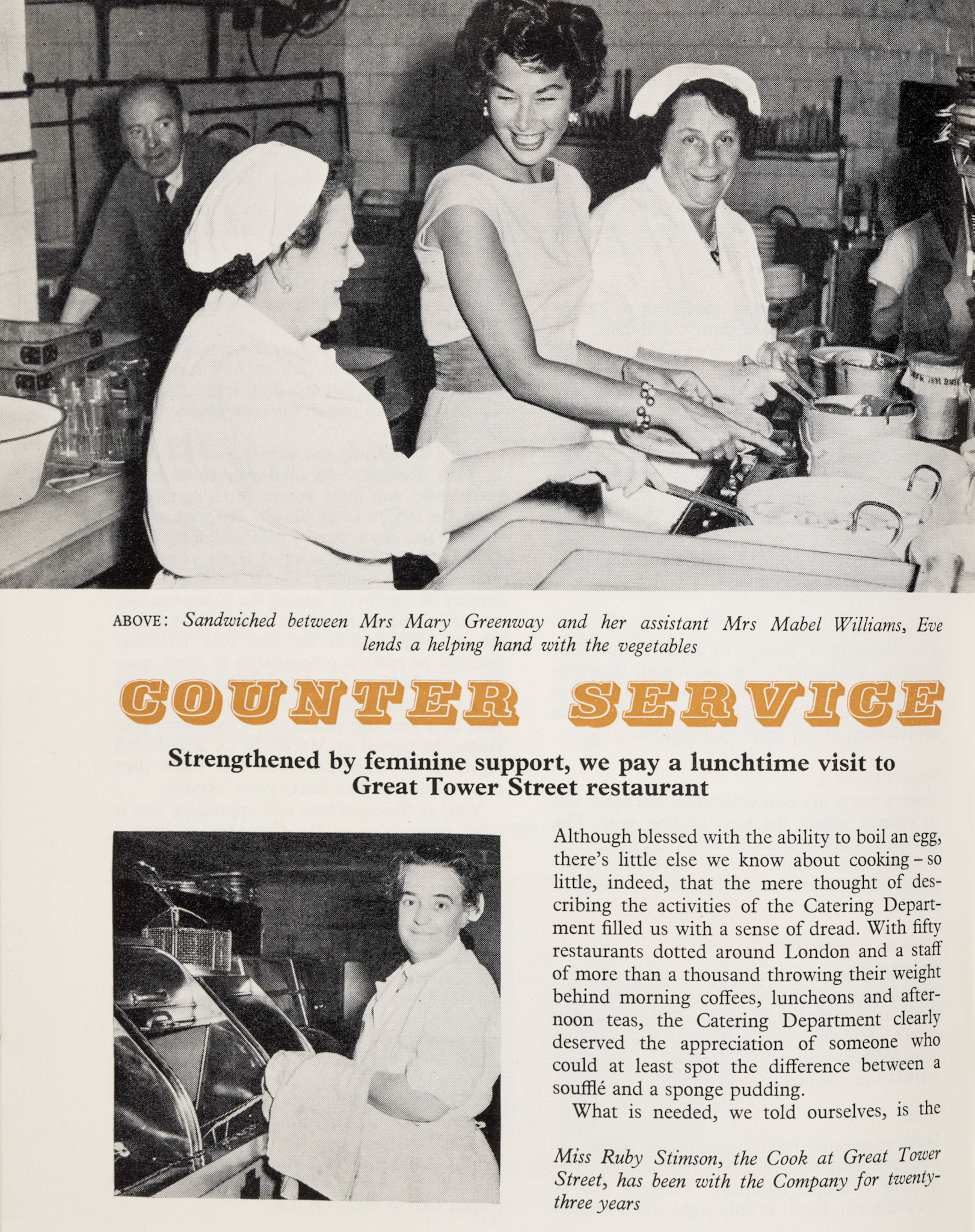 1957 Feature about Express's Great Tower Street restaurant, employing 36 staff, and supplied from Drayton Park. Great Tower Street is just West of the Tower of London. (Express News Autumn)