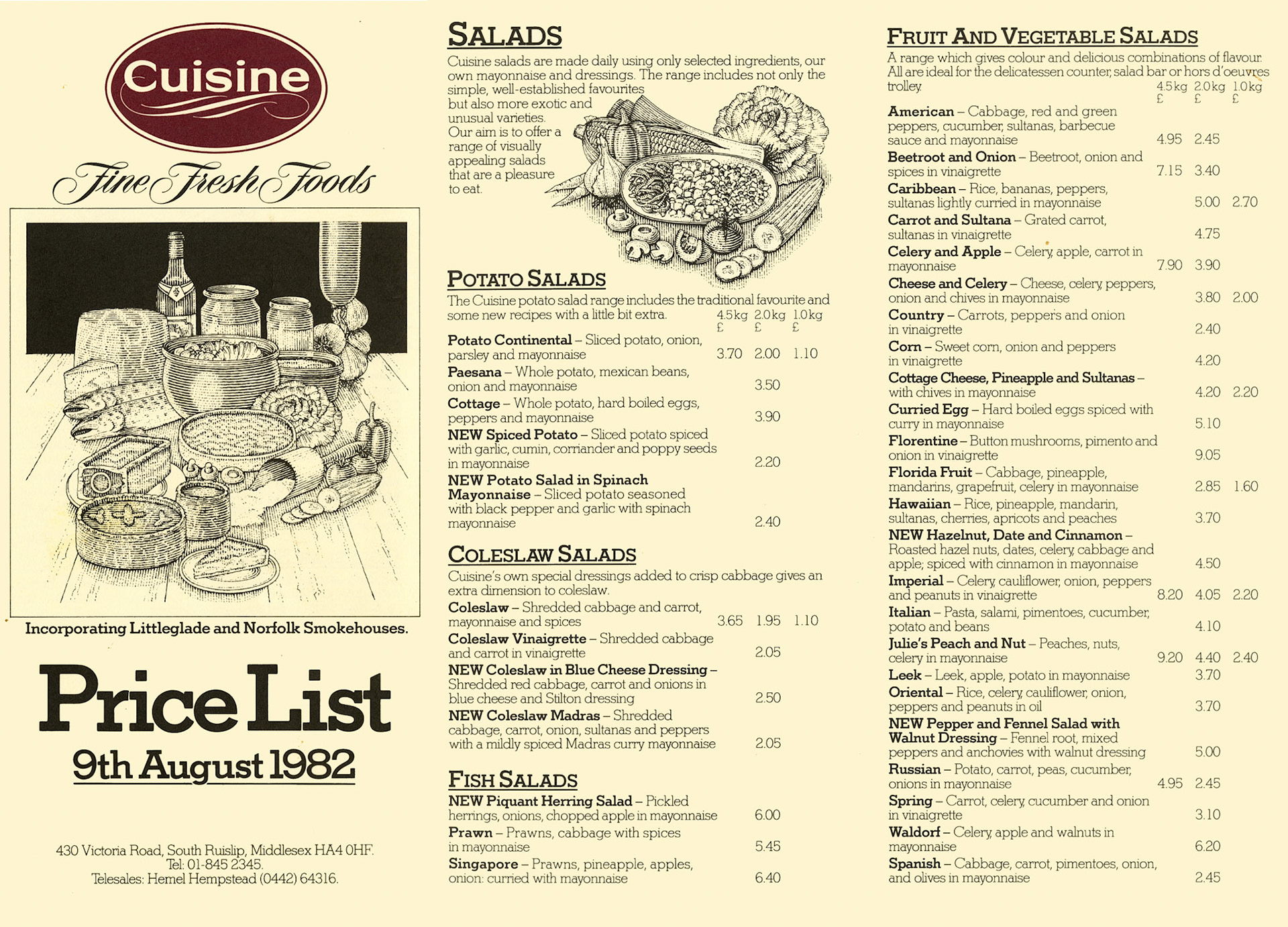 1982 Cuisine Price List (9th August) incorporating Littleglade and Norfolk Smokehouses (Courtesy John Southwell)