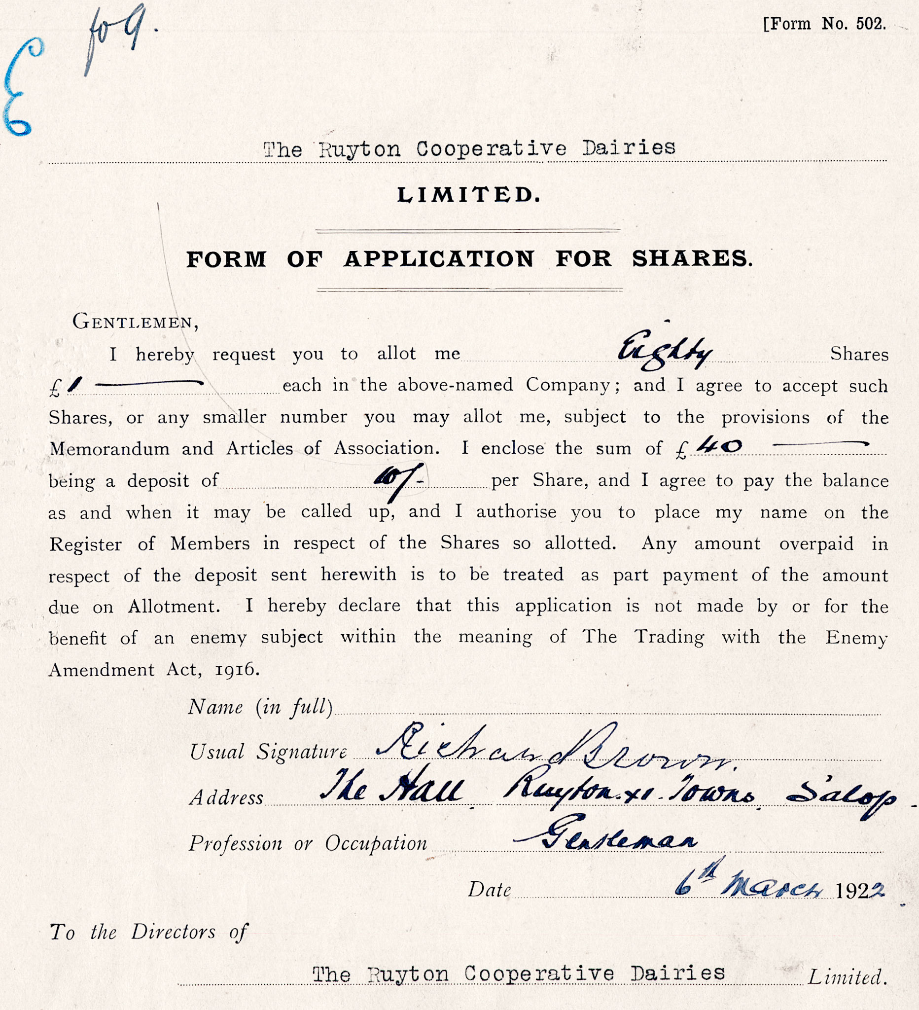 1922 Share Application from Richard Brown, The Hall, Ruyton XI Towns, Salop