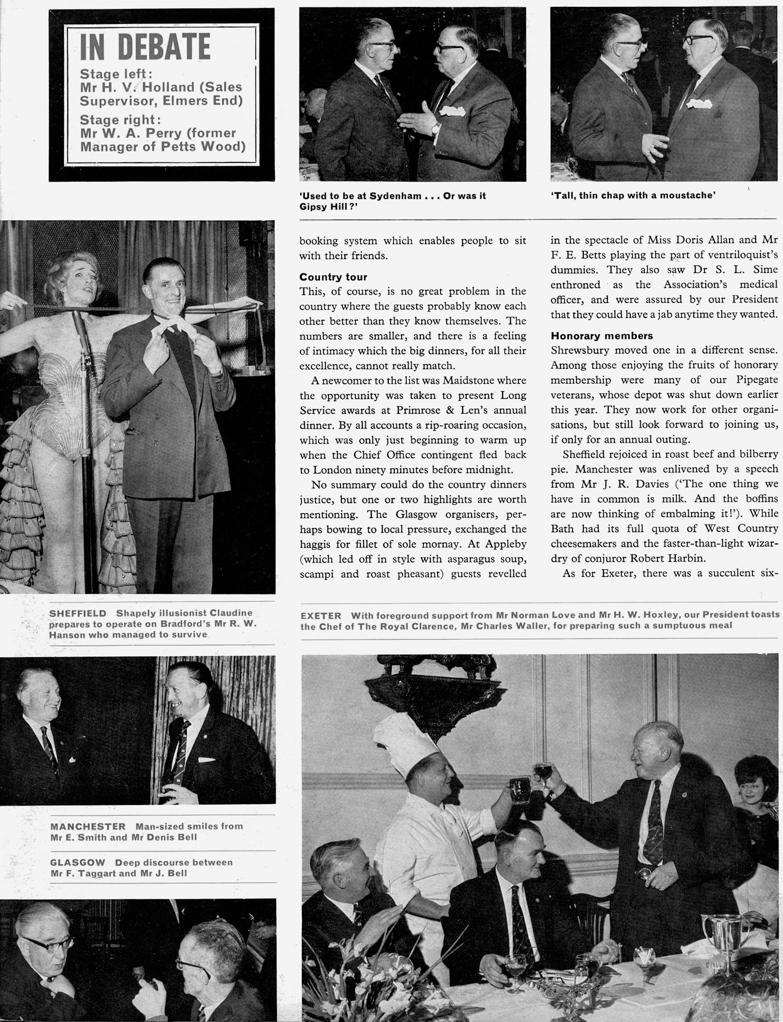 1965 Long Service Dinners for Primrose and Len, Glasgow, Appleby, Shrewsbury, Sheffield, Bath and Exeter. Jim Mcgurk comments "Long service was 10 years and every 5 years after. Managers went as well, to serve the staff-loved clicking my fingers when I wanted a drink." (Express News Summer/Autumn)