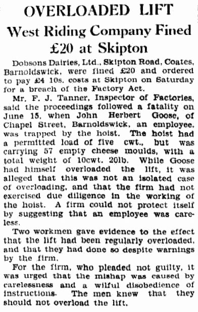 1939 Dobson's Dairies fined for Health and Safety breach at Barnoldswick Creamery. (Courtesy Yorkshire Post, September 11)