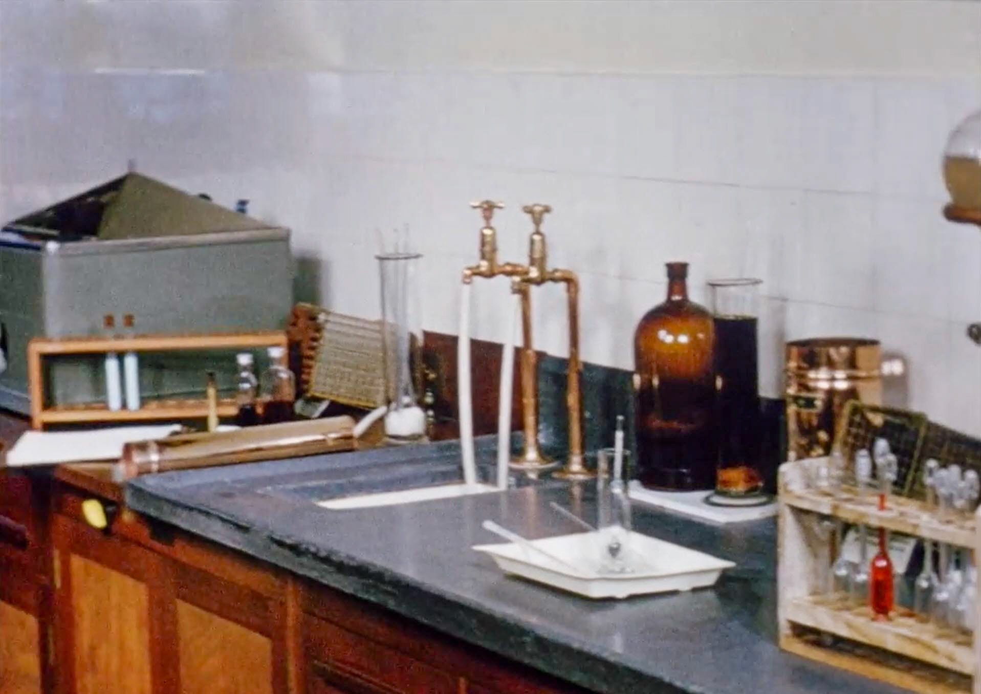 1954 South Morden Laboratory with Gerber test vials on the right. (Stills from Express Dairy Film)