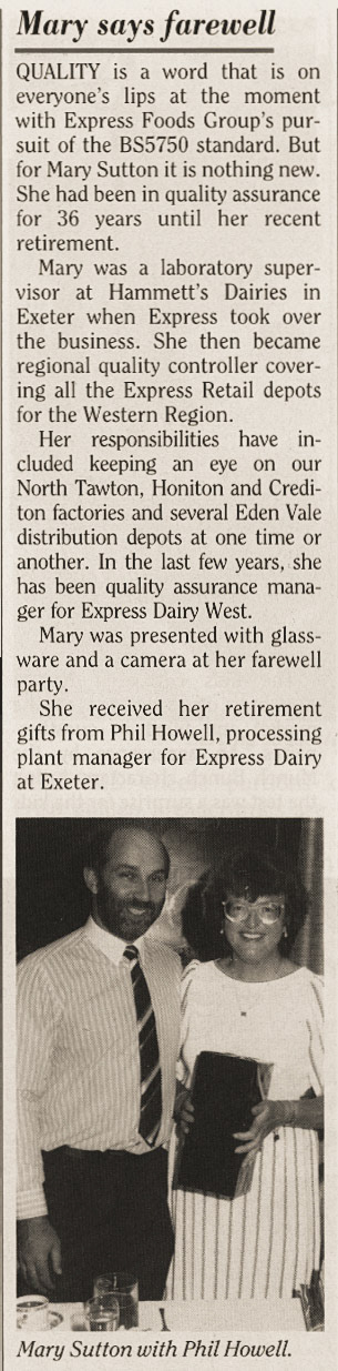 1989 Mary Sutton retires after 36 years from Exeter Dairy, receiving award from Phil Howe (wrongly captioned on original), Processing Manager