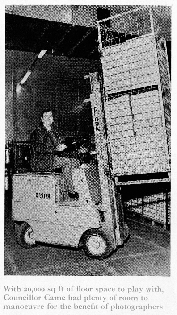 1972 Opening of Eden Vale's new South Ruislip Cold Store by the Mayor of Hillindon, Councillor Came, trying out the forklift truck.