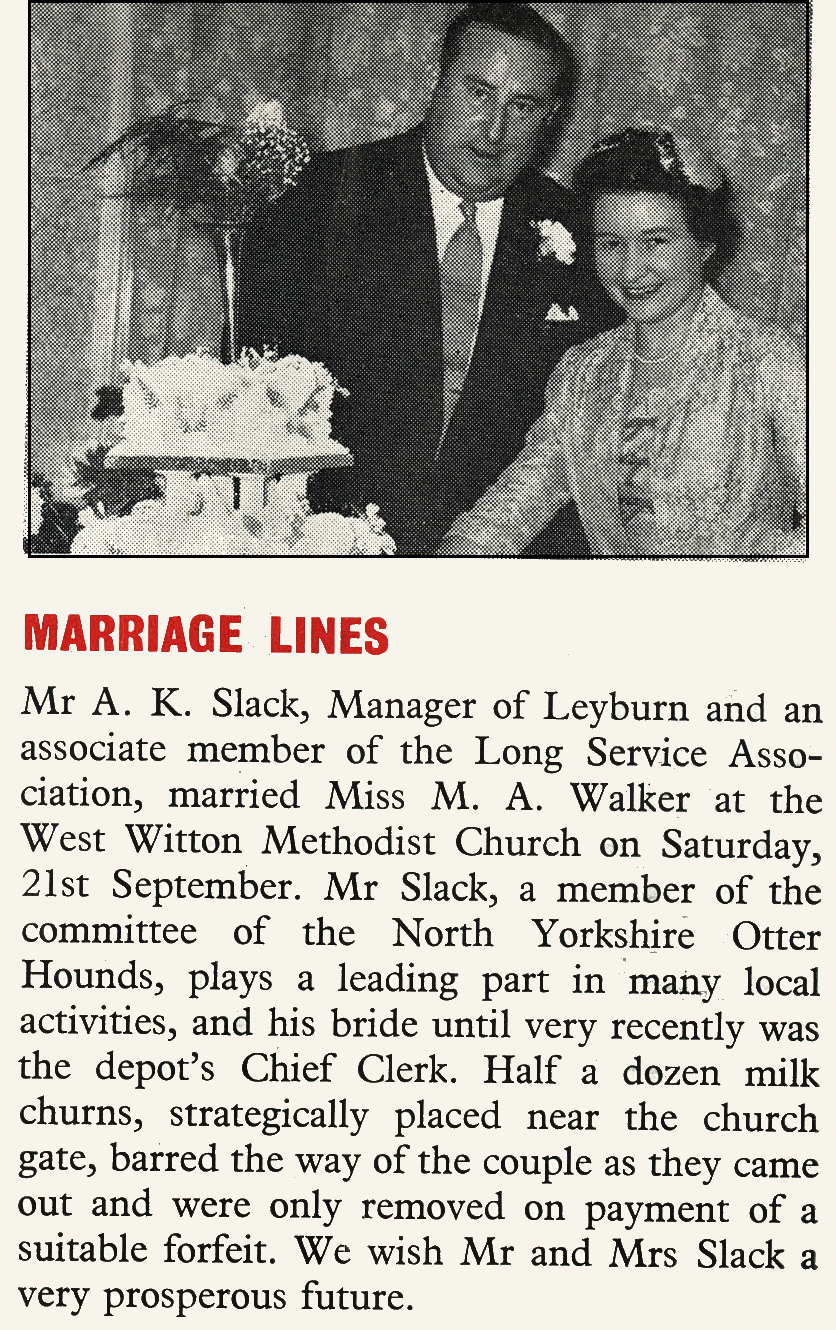 1957 Leyburn manager Mr A.K. Slack celebrates his marriage to Miss M.A. Walker, Chief Clerk at the creamery. (Express News March)