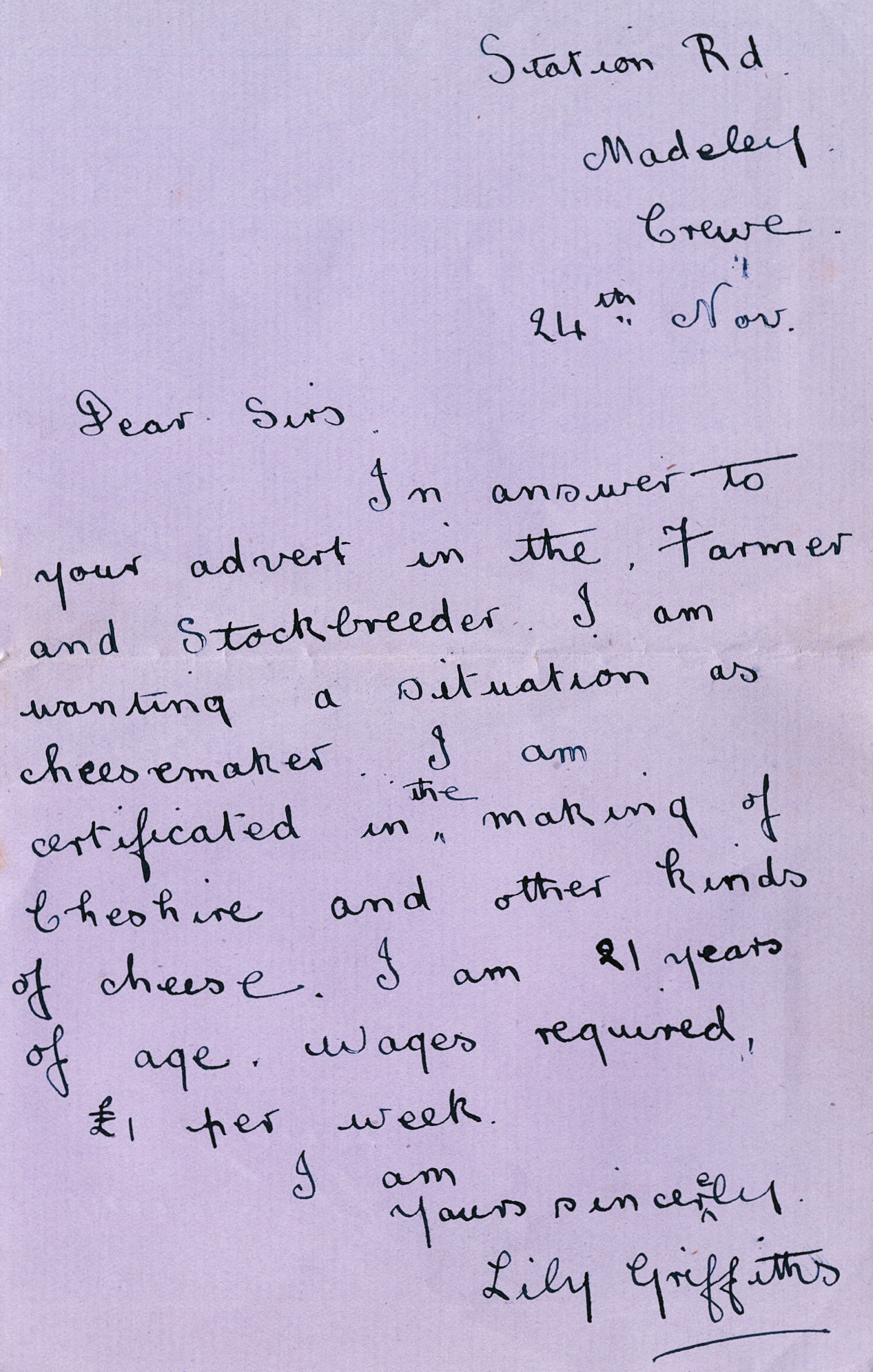 1930 Ruyton Co-operative Dairies-Cheesemaker Job Applications-Lily Griffiths