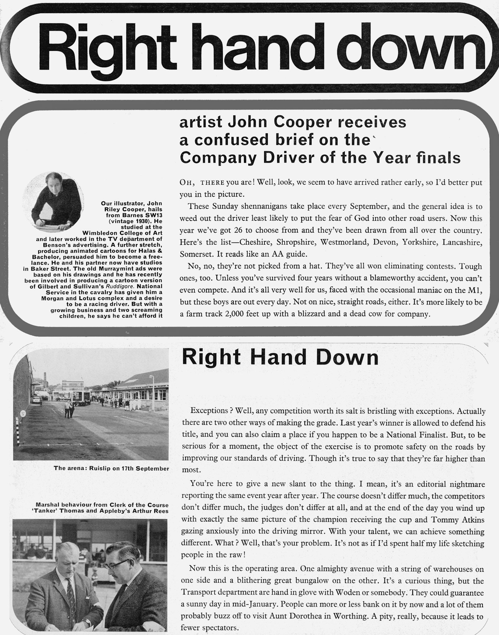1967 Driver of the Year, South Ruislip. Extract from article with cartoons. Page 1 (Express News Autumn 1967)