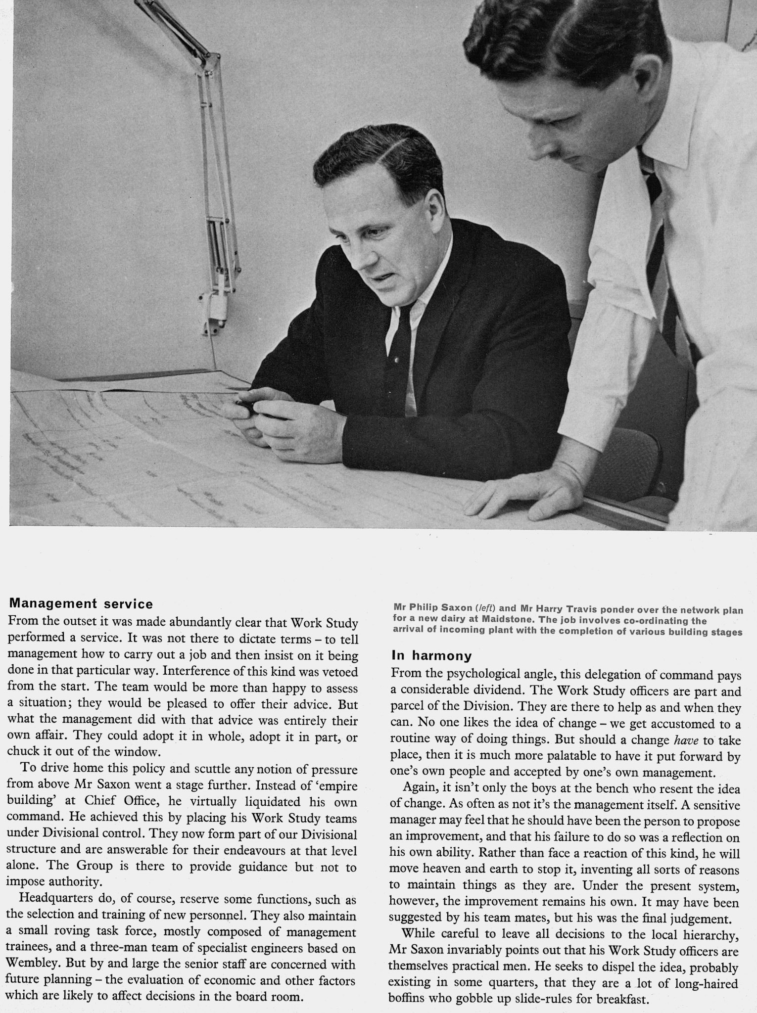 1966 Work Study Dept with Mr Philip Saxon and Harry Travis work on the Maidstone Dairy expansion.  (Express News Autumn &amp; Christmas)
