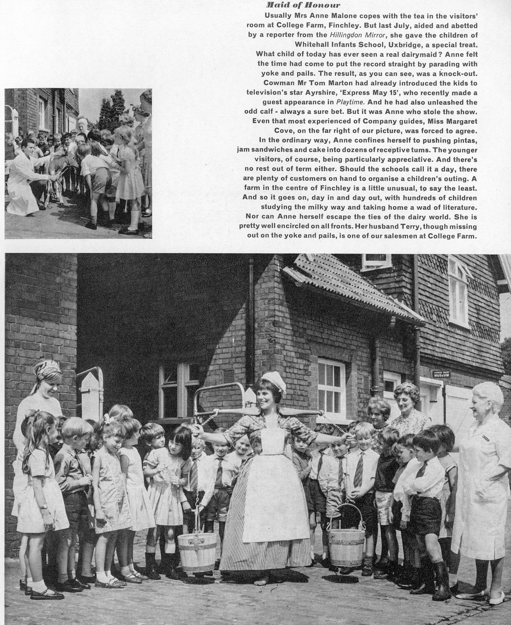 1967 Anne Malone, who usually demonstrates at College Farm, Finchley, with children from Whitehall Infants School in Uxbridge