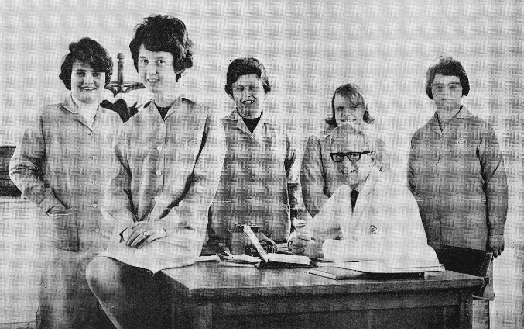 1970 Ruyton Left to Right: Barbara Allen, Mrs Rosemary Jones, Mrs Brenda Jones, Mrs Beryl Williams, Office Manager David Evans and Wendy Vaughan Beryl Williams comments "I loved my time working at the dairy, happy times." (Courtesy Doreen Williams)