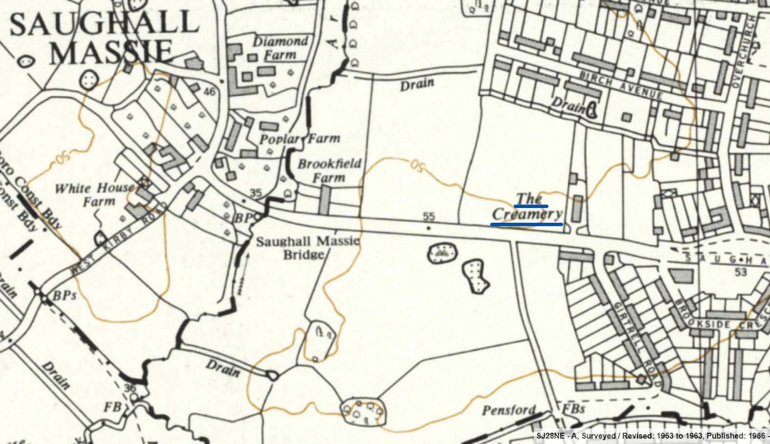 1966 Wirral Milk Supplies creamery at Saughall Massie. The creamery had its own borehole: https://nora.nerc.ac.uk/id/eprint/20022/1/WA_98066_Wirral.pdf (Courtesy National Library of Scotland)