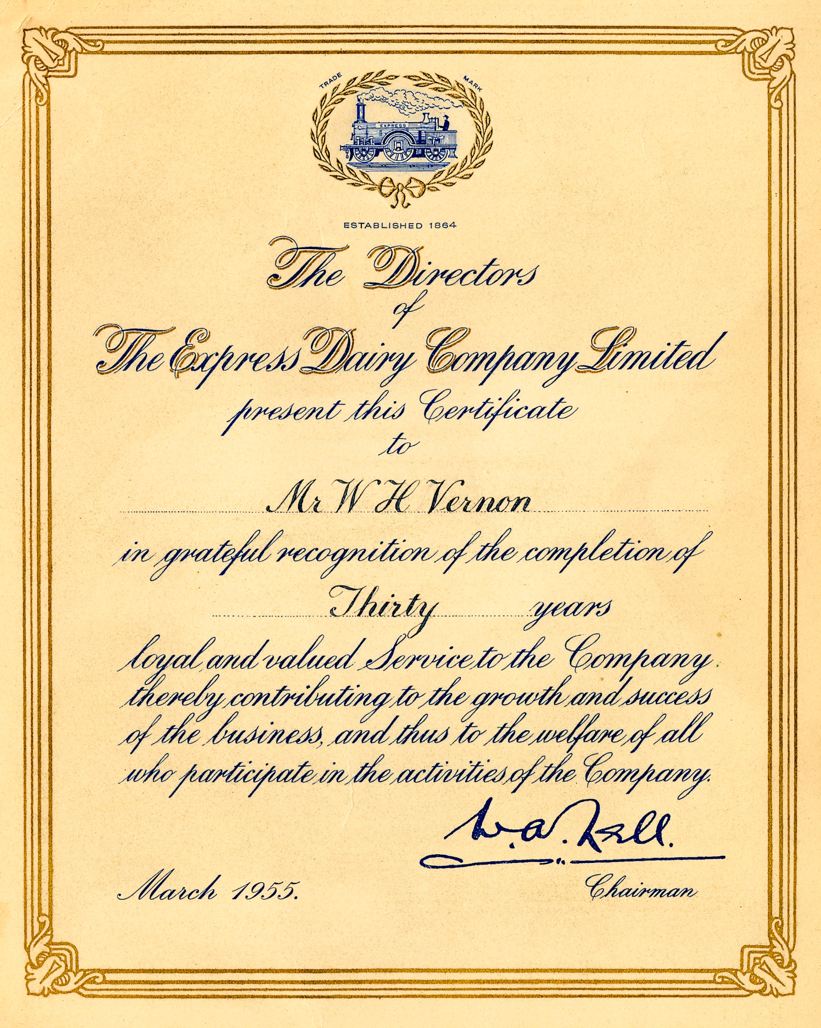 1955 Thirty year award certificate to Mr W.H. Vernon (From Express Dairy Tales collection)