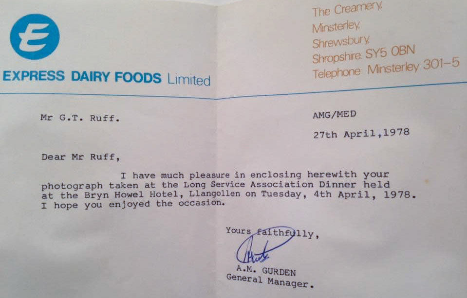 1978 Minsterley. "Letter from Mr Gurden to my Dad, Gordon Ruff" (Courtesy Lorraine Fletcher)