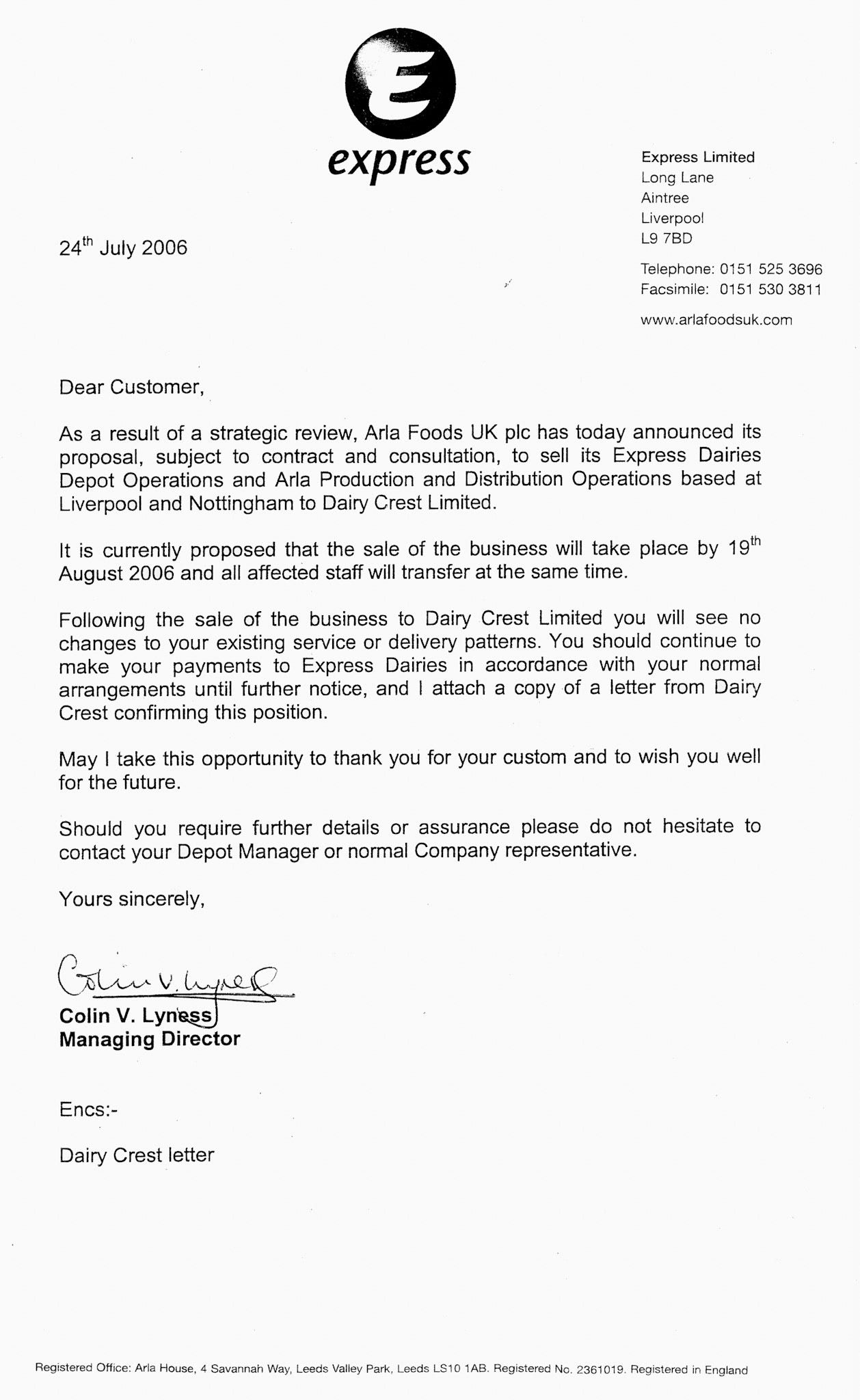 2006 Customer Letter regarding the sale of Express and Arla operations in Nottingham and Liverpool to Dairy Crest. (Courtesy Paul Luke)