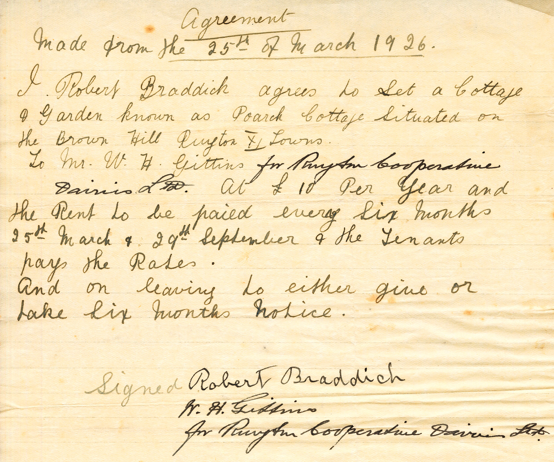 Hand-written 1926 Rent Agreement between RCD and Robert Braddick for Poarch Cottage, Brown Hill.