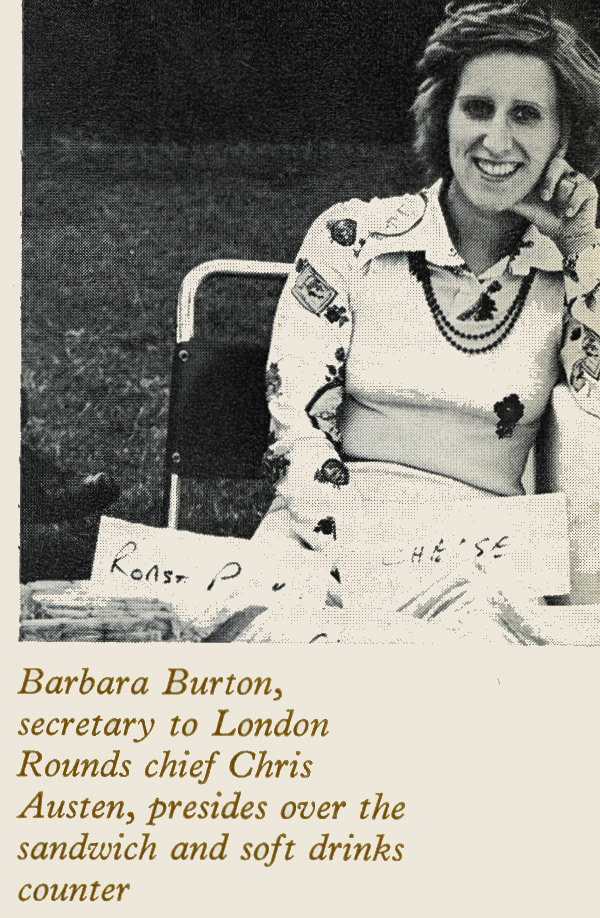 1975 Barbara Burton, Secretary to Chris Austen, at the Inter-region cricket match between London Retail and Northern. (Express News Autumn)