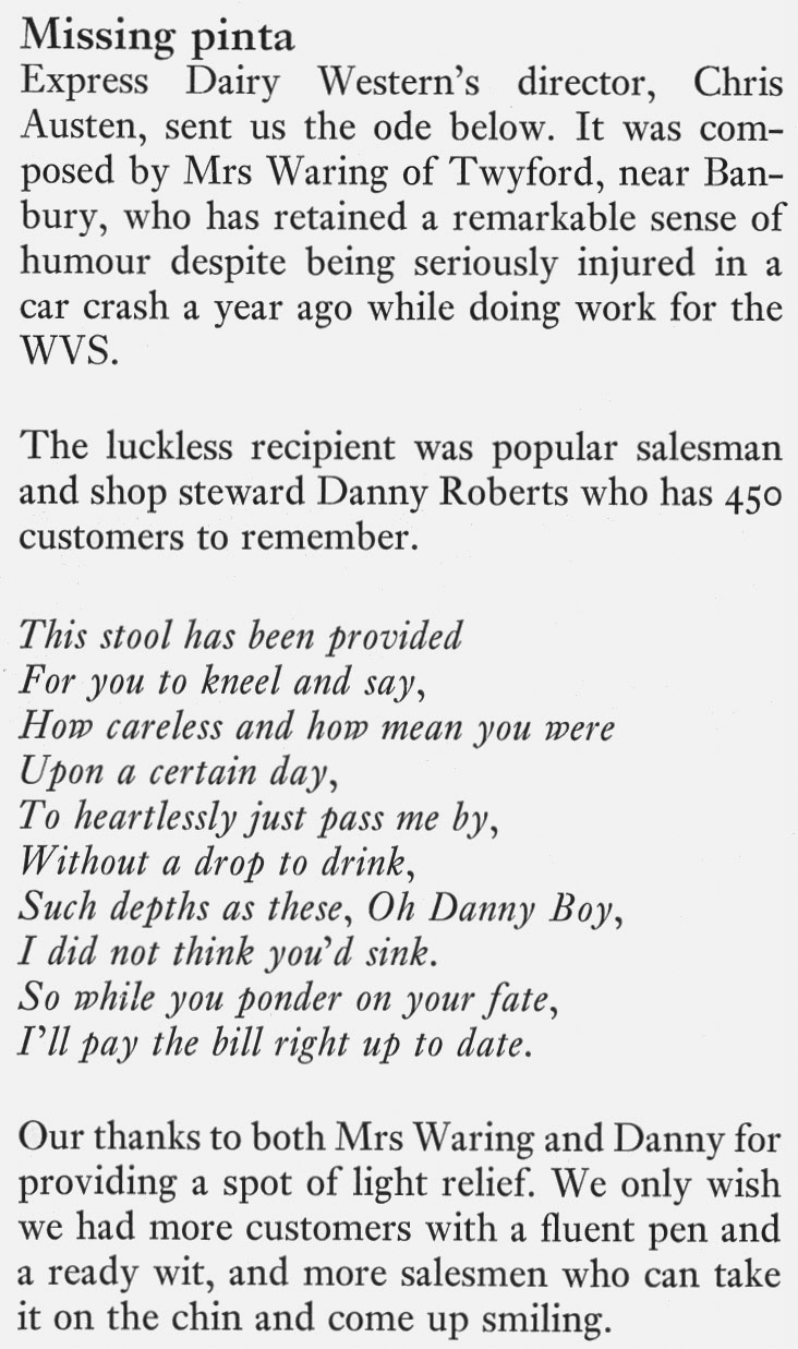 1972 Chris Austen sent in this poem written by customer Mrs Waring, served by Banbury roundsman and shop steward Danny Roberts. (Express News Spring)