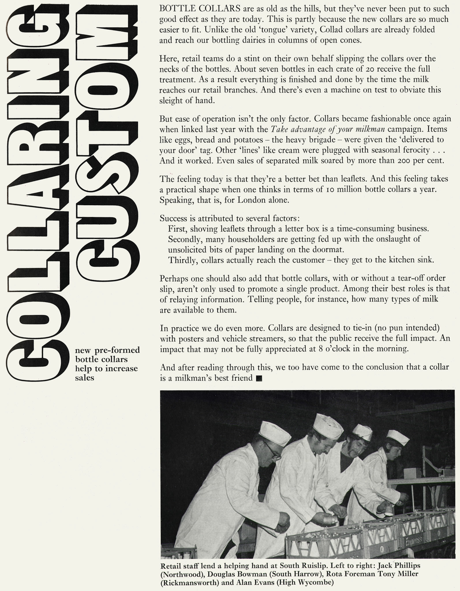 1972 Bottle collars as a promotional tool, here being applied at South Ruislip by Jack Phillips (Northwood), Douglas Bowman (South Harrow), Tony Miller (Ricky) and Alan Evans (High Wycombe). (Express News Spring)