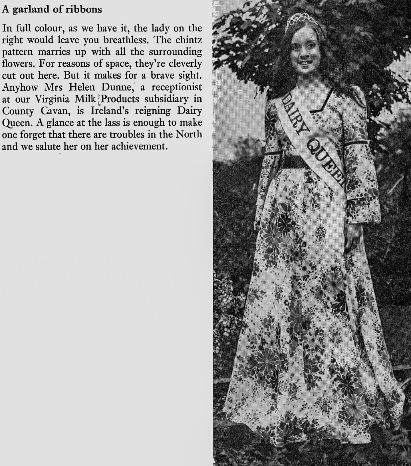 1972 Helen Dunne, receptionist at Virginia Milk Products, County Cavan is Ireland's Dairy Queen.(Express News Christmas)