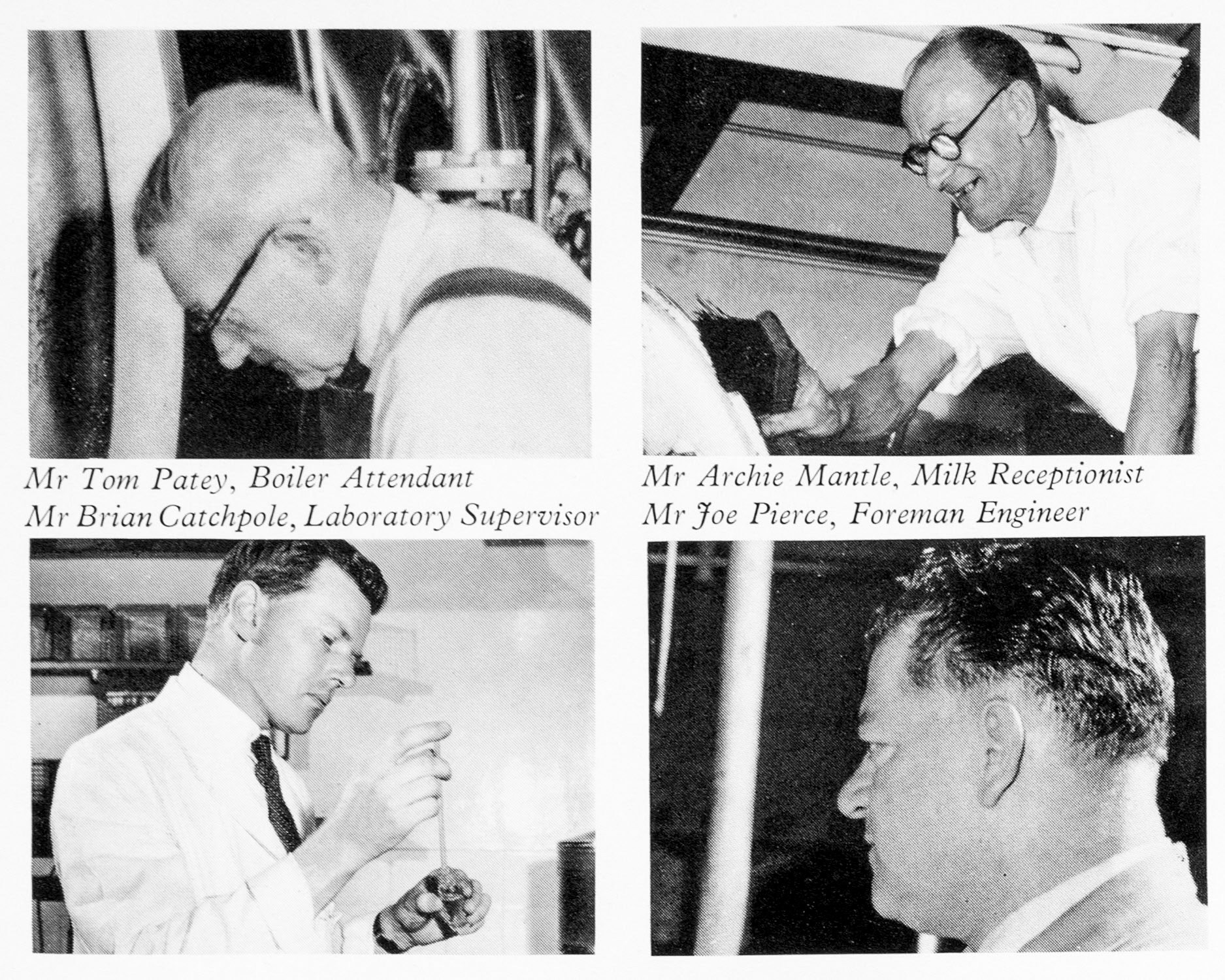 1962 Bromley Processing-Tom Patey (Boiler Attendant), Archie Mantle (Milk Reception), Brian Catchpole (Laboratory Supervisor) and Joe Pierce (Foreman Engineer). (Express News Autumn)
