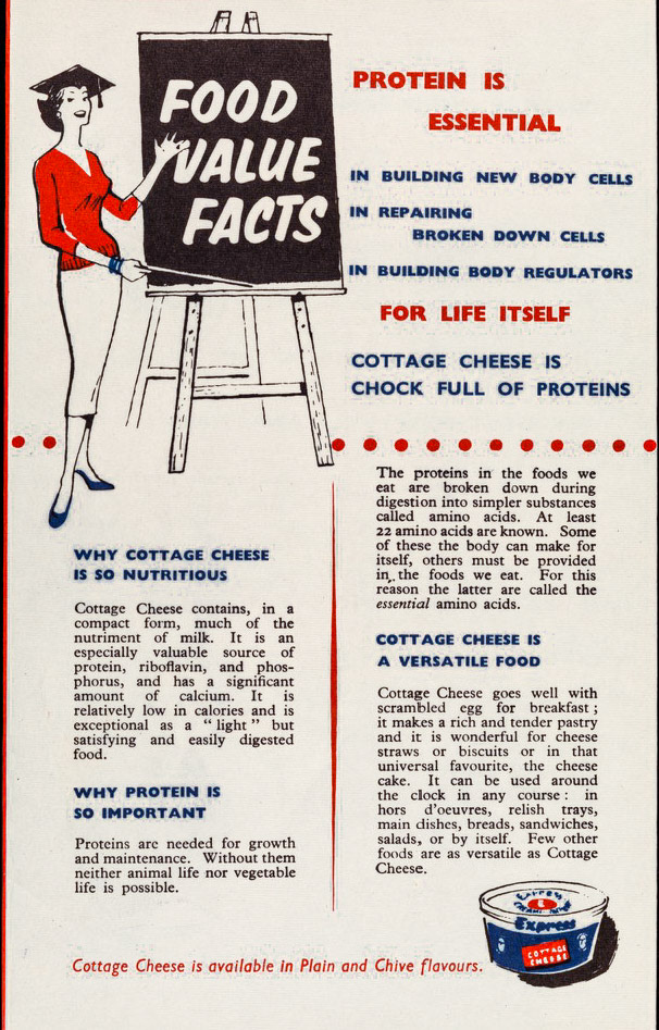 1957 Recipe leaflet introducing and advertising cottage cheese. Printed in black, red and blue on white paper. Front page has a line illustration of a young woman in red slacks and blue and white banded matelot shirt sitting on a tub of Express Cottage Cheese. The recipes are illustrated with humorous cartoons. (Courtesy Wellcome Collection)