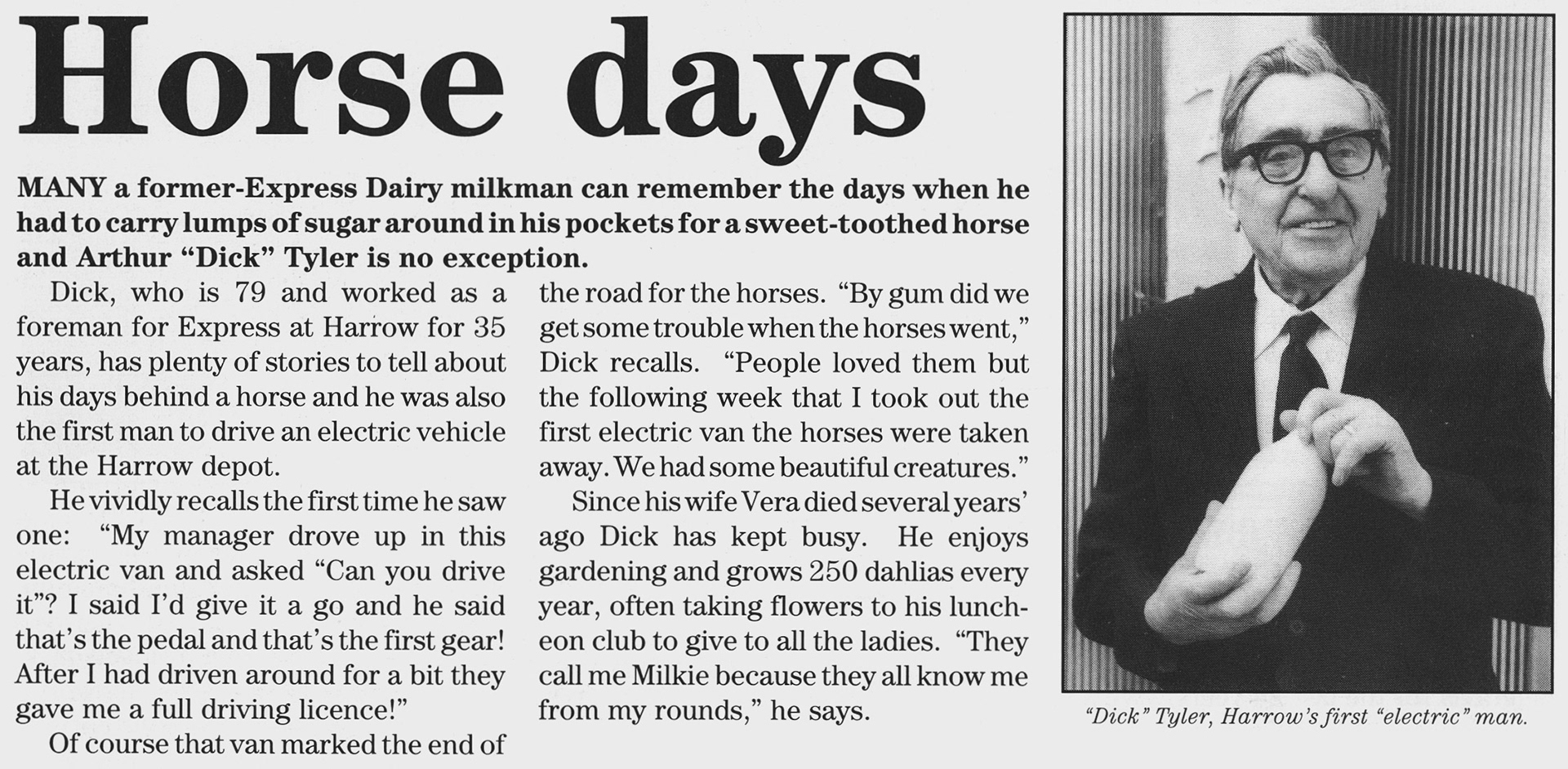 1991 Harrow roundsman 'Dick' Tyler remembers horse-drawn days (from Express Foods Pensioners News) Courtesy Beryl Purslove