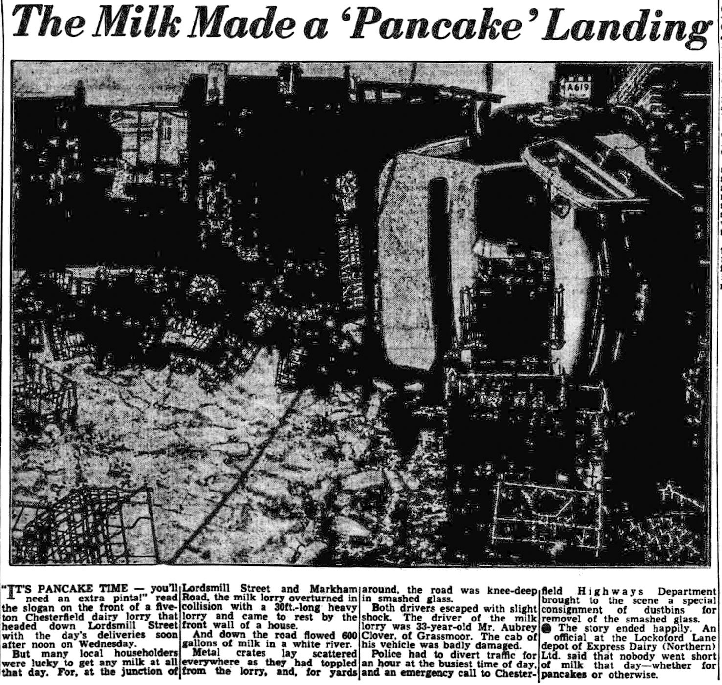 1963 Chesterfield Dairy lorry overturned, with 600 gallons of milk and metal crates scattered. Mr Aubrey Clover was the driver. Derbyshire Times, 01 March. (Courtesy of THE BRITISH LIBRARY BOARD)