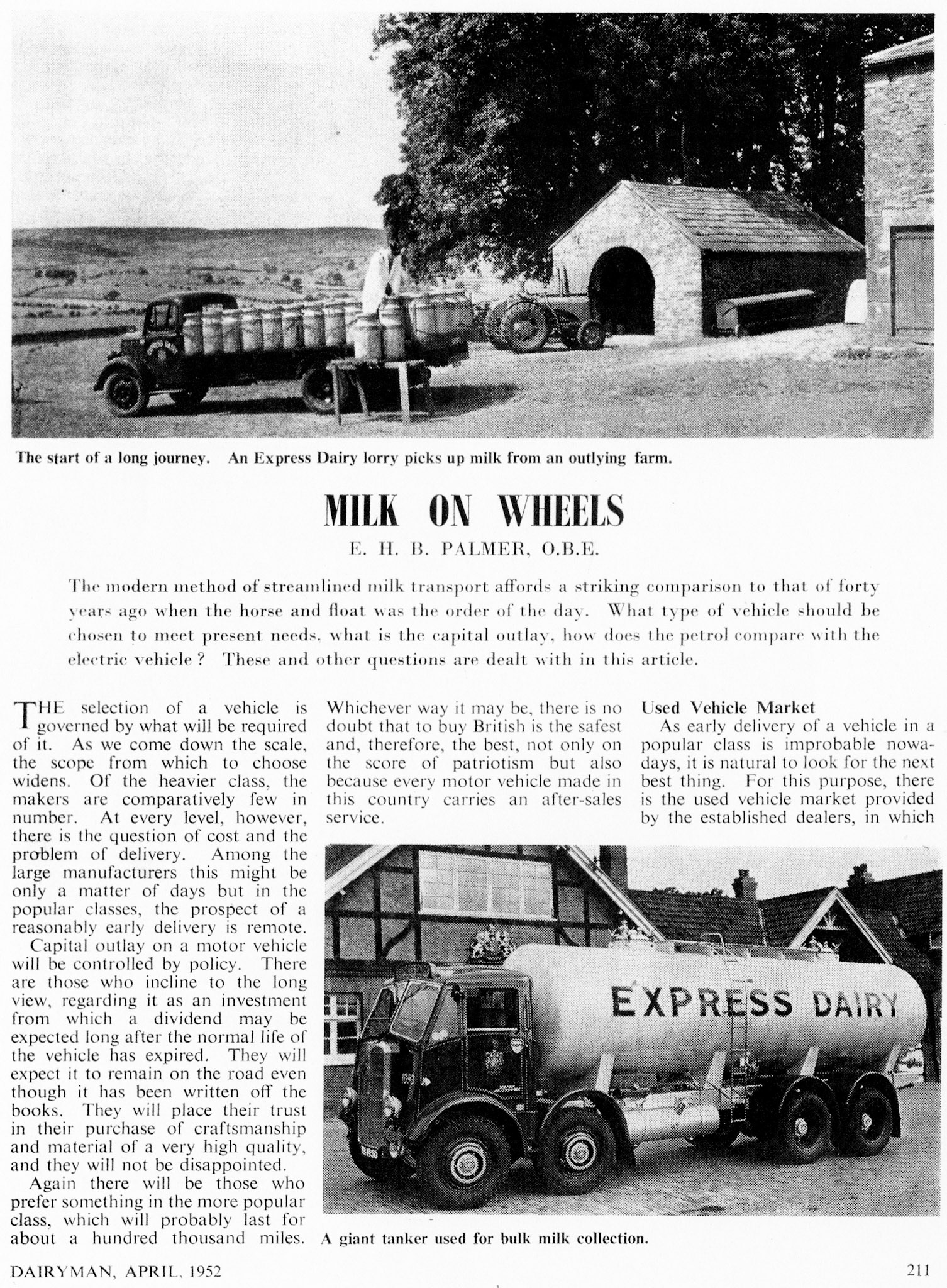 1952 'Milk on Wheels' article (first page only)  by E.H.B. Palmer, published in The Dairyman magazine. (Courtesy Paul Luke0