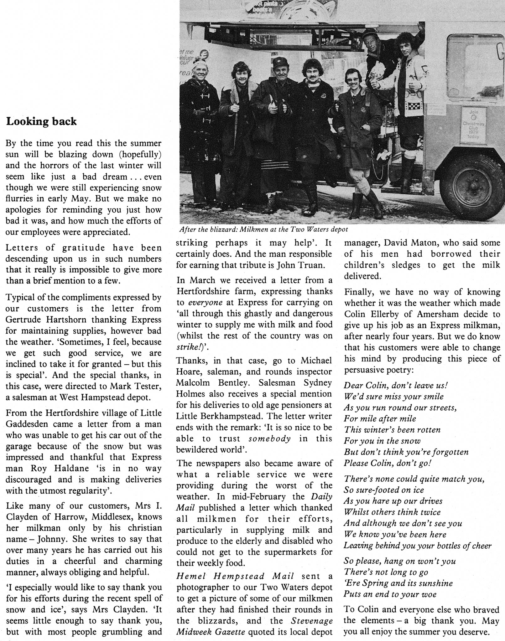 1979 Congratulations to Express staff for their service during the 78/79 winter, with West Hampstead, Hemel, Harrow and Amersham. (Express News Summer)