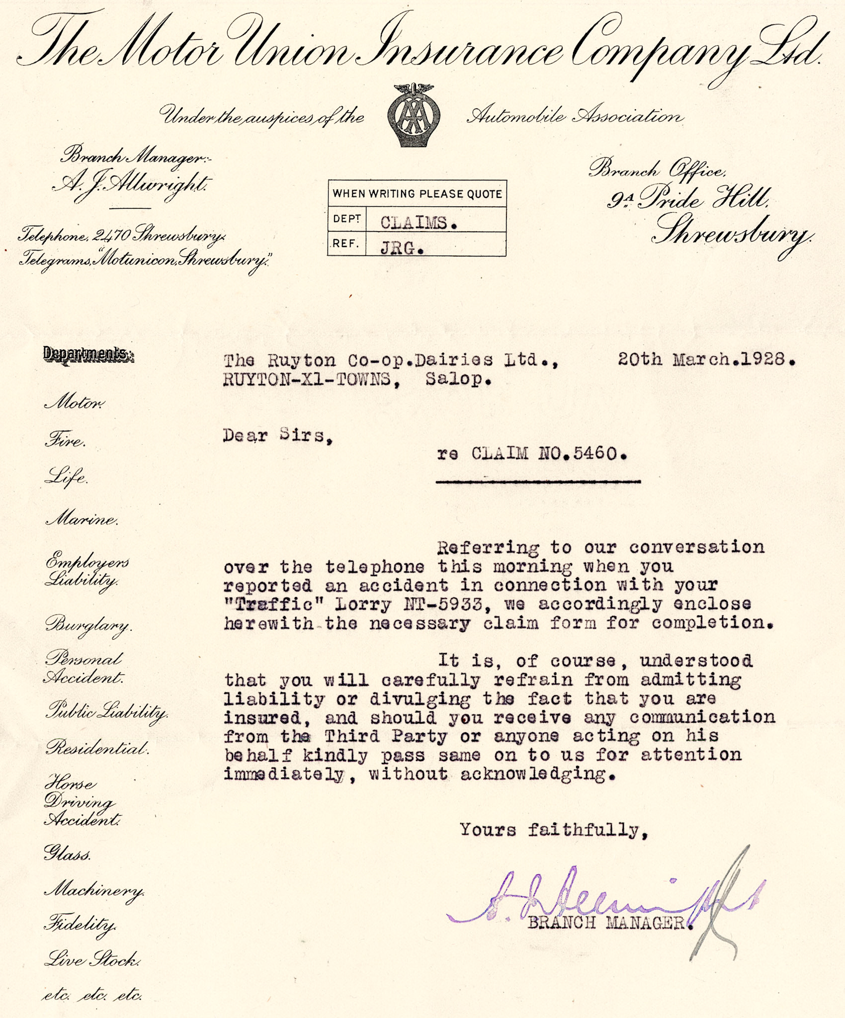 1928 Insurance claim relating to an accident with a bullock believed to have been injured following a collision with one of the Company's cars.