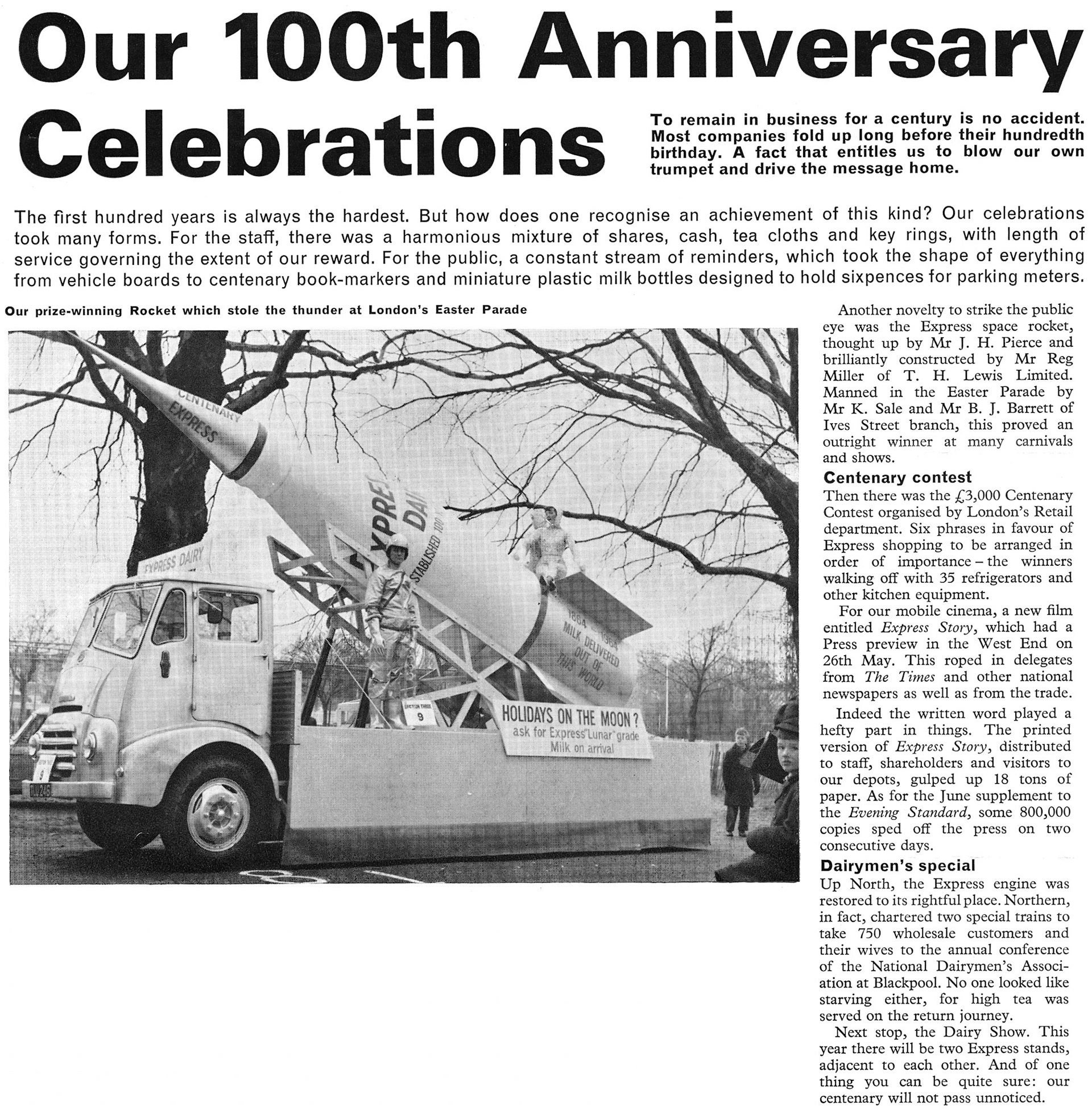 1964 Review of the centenary celebrations, including the London Easter Parade, London Retail Contest, 'Express Story' film and NDA Conference in Blackpool. From August 'Express Extra' newsletter (Courtesy Paul Luke)