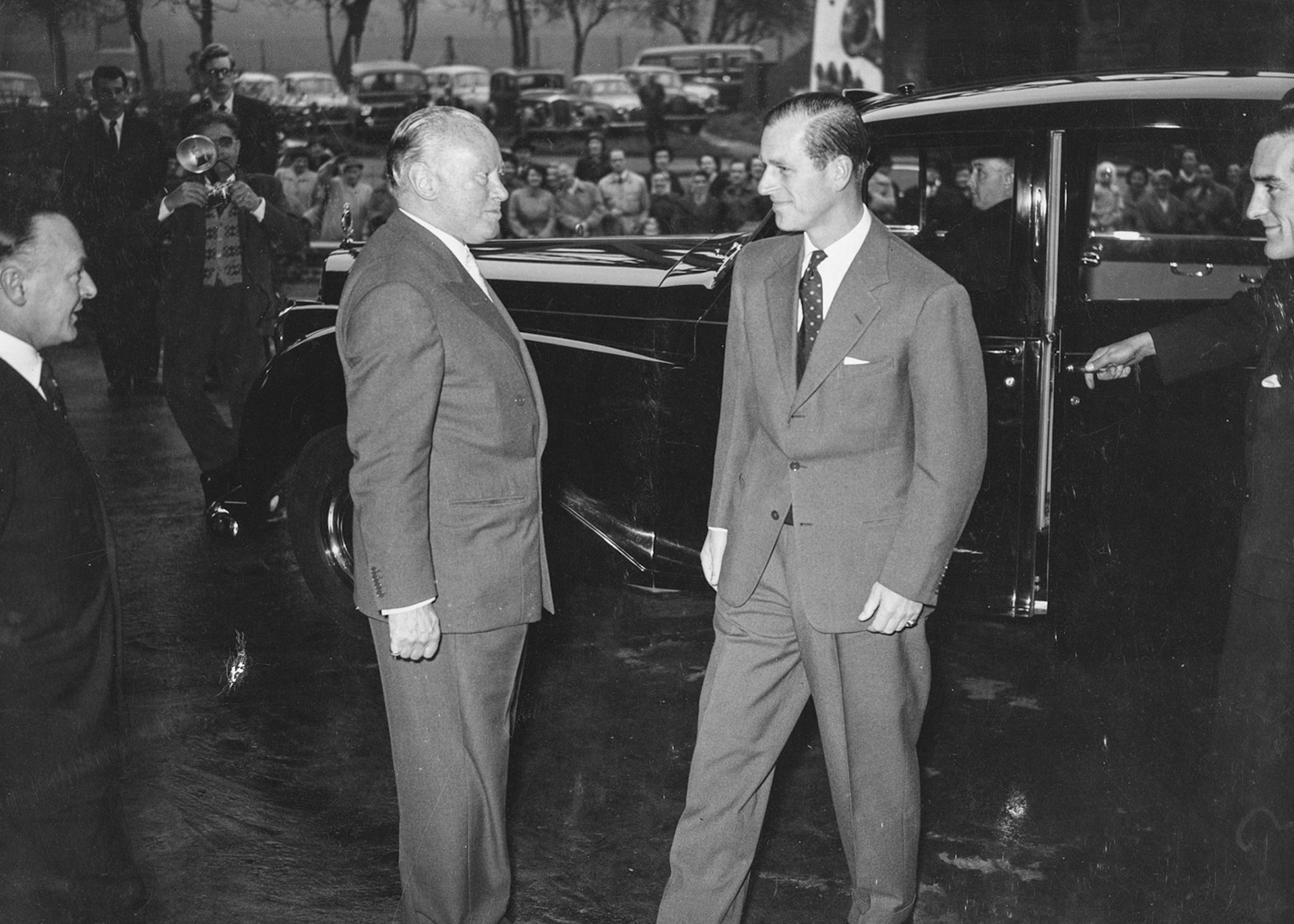 1957 South Morden-Duke of Edinburgh's visit on November 12-The Duke arriving in a black Austin Princess greeted by Walter Nell. Company Chairman. (Courtesy Paul Luke)