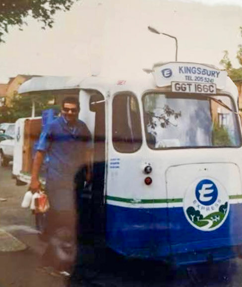 1970's Kingsbury GGT 166C (1965 Reg) Ossy Tossoun comments "Me in Booth Road, Colindale out of Kingsbury round 24-served the R.A.F. Base (free breakfast every morning)" (Courtesy Ossy Tossoun)