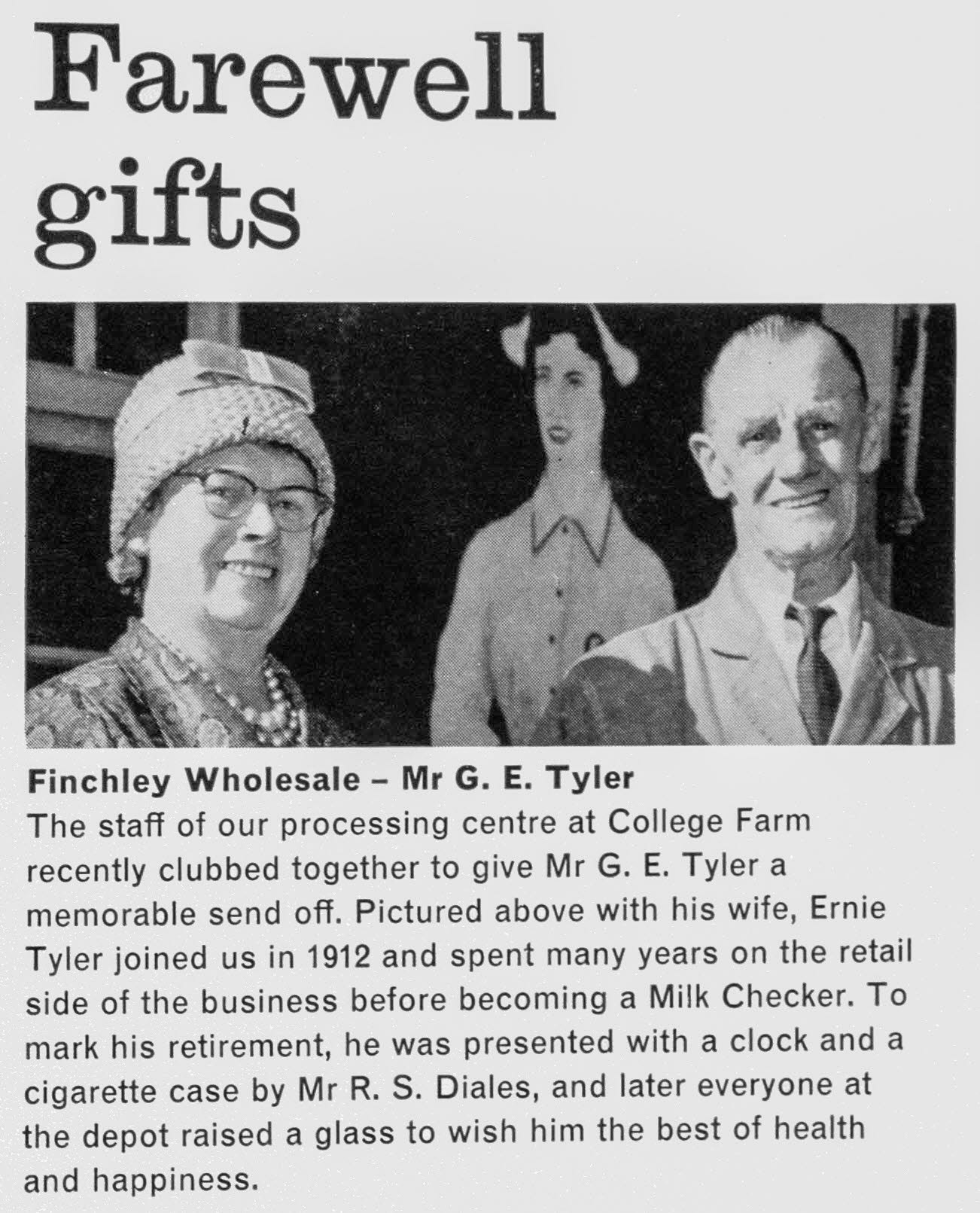 1962 Farewell gifts-to Mr G.E. 'Ernie' Tyler, Milk Checker at College Farm, who retires after 50 years, with his wife, being presented by Mr R.S. 'Dicky' Diales. (Express News Autumn)