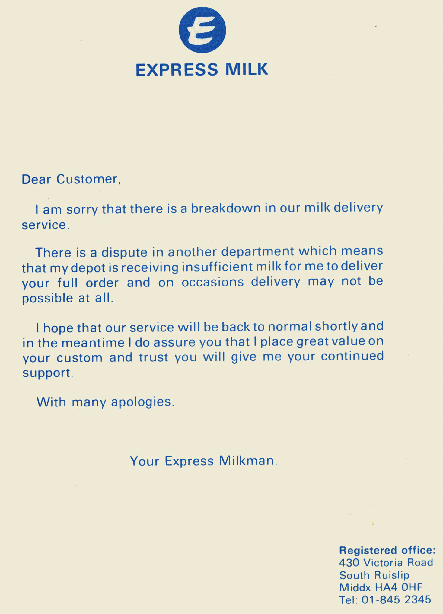 1980's? Apology Letter to customers, industrial action (Courtesy Michael Aldread)